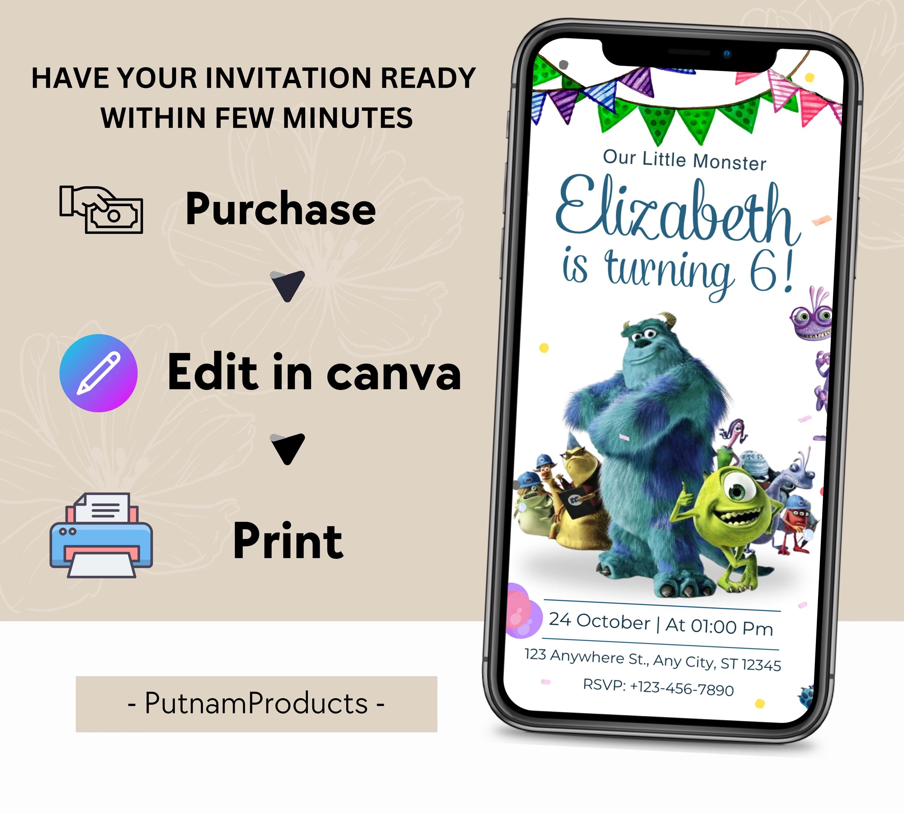 Editable Monster Inc birthday Invitation, Kids Birthday Invite, Printable Monsters University Template, Editable monster inc birthday party