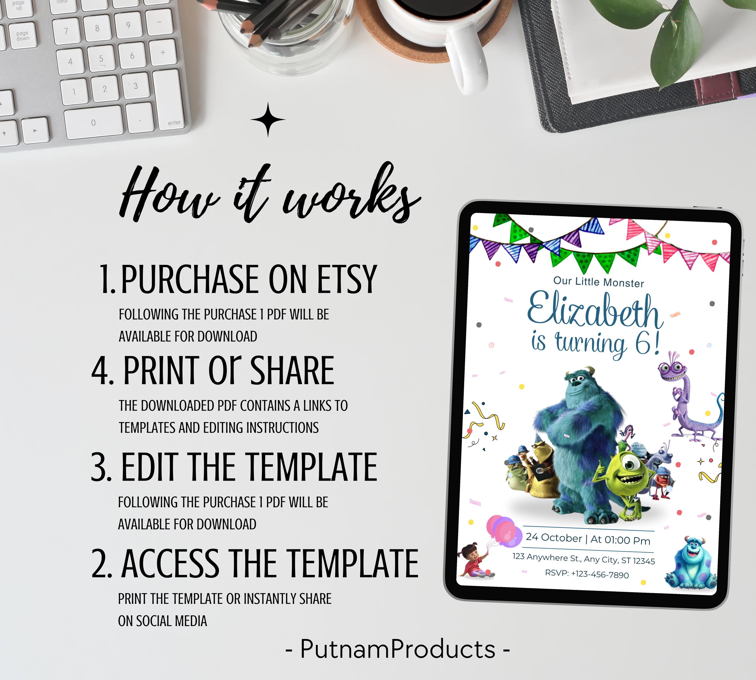 Editable Monster Inc birthday Invitation, Kids Birthday Invite, Printable Monsters University Template, Editable monster inc birthday party