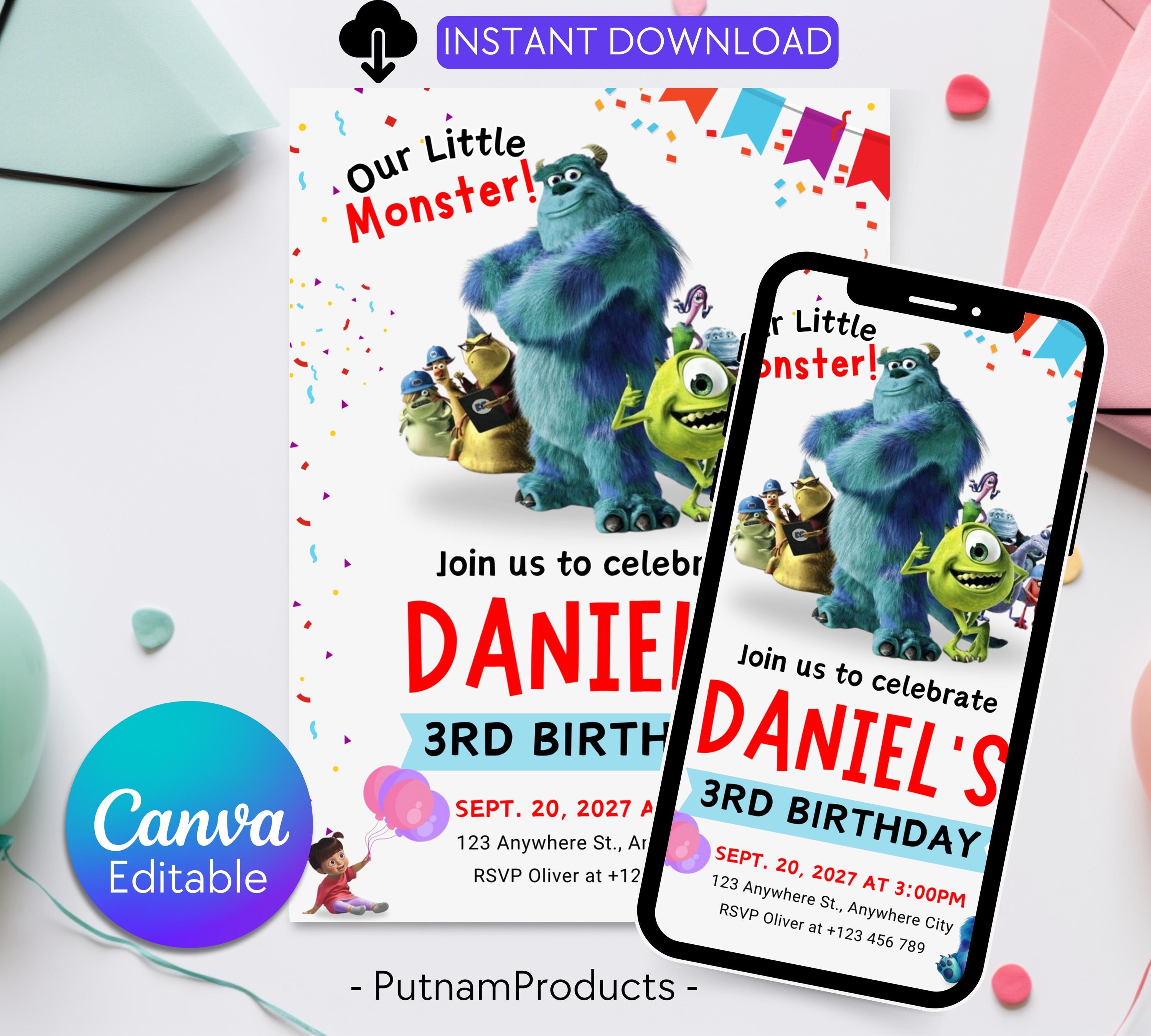 Monster Inc birthday Invitation, Kids Birthday Invite, Printable Monsters University Template, Editable Monsters Inc Boo Birthday Invitation
