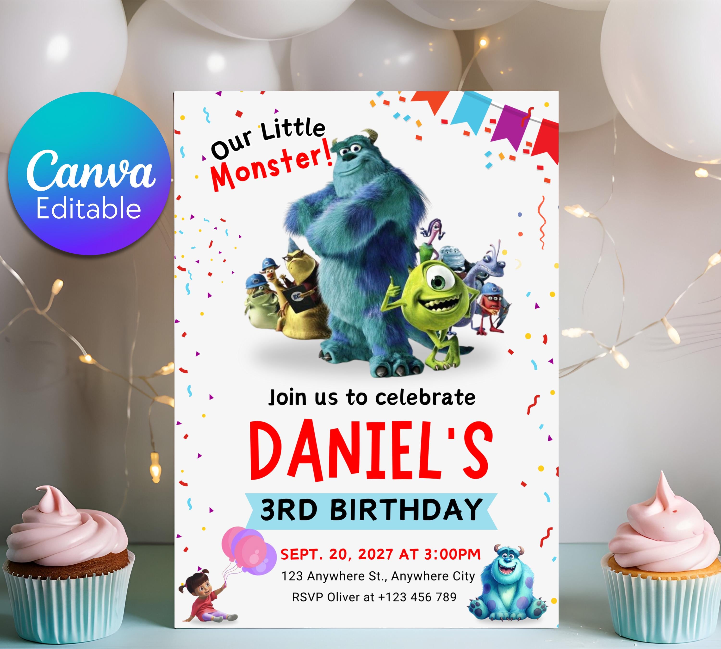 Monster Inc birthday Invitation, Kids Birthday Invite, Printable Monsters University Template, Editable Monsters Inc Boo Birthday Invitation