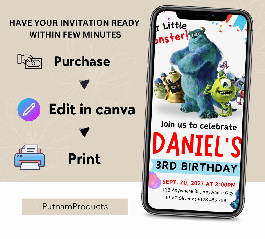 Monster Inc birthday Invitation, Kids Birthday Invite, Printable Monsters University Template, Editable Monsters Inc Boo Birthday Invitation