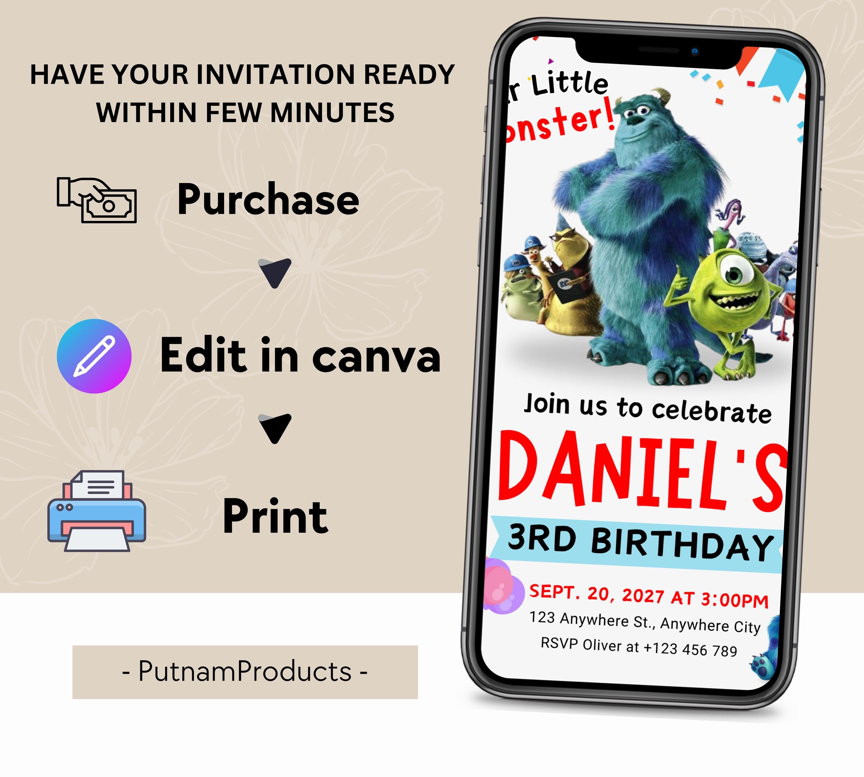 Monster Inc birthday Invitation, Kids Birthday Invite, Printable Monsters University Template, Editable Monsters Inc Boo Birthday Invitation