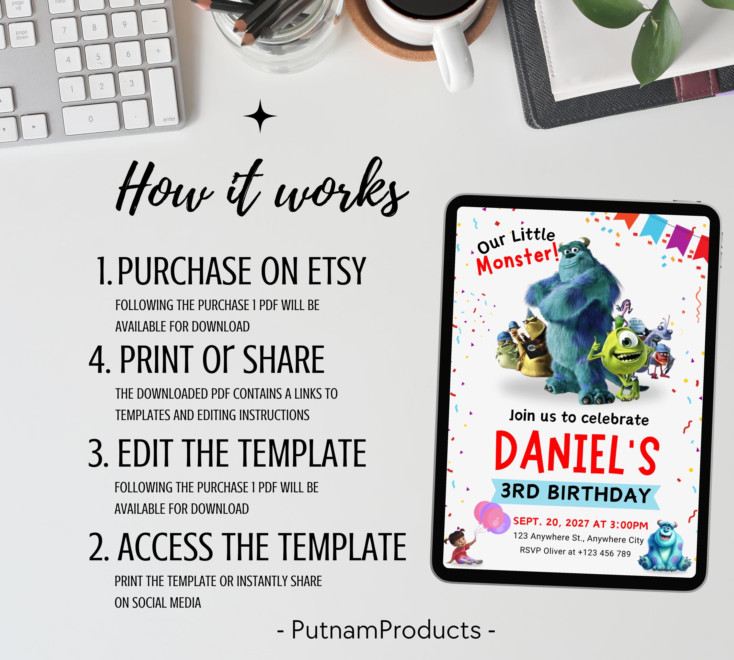 Monster Inc birthday Invitation, Kids Birthday Invite, Printable Monsters University Template, Editable Monsters Inc Boo Birthday Invitation