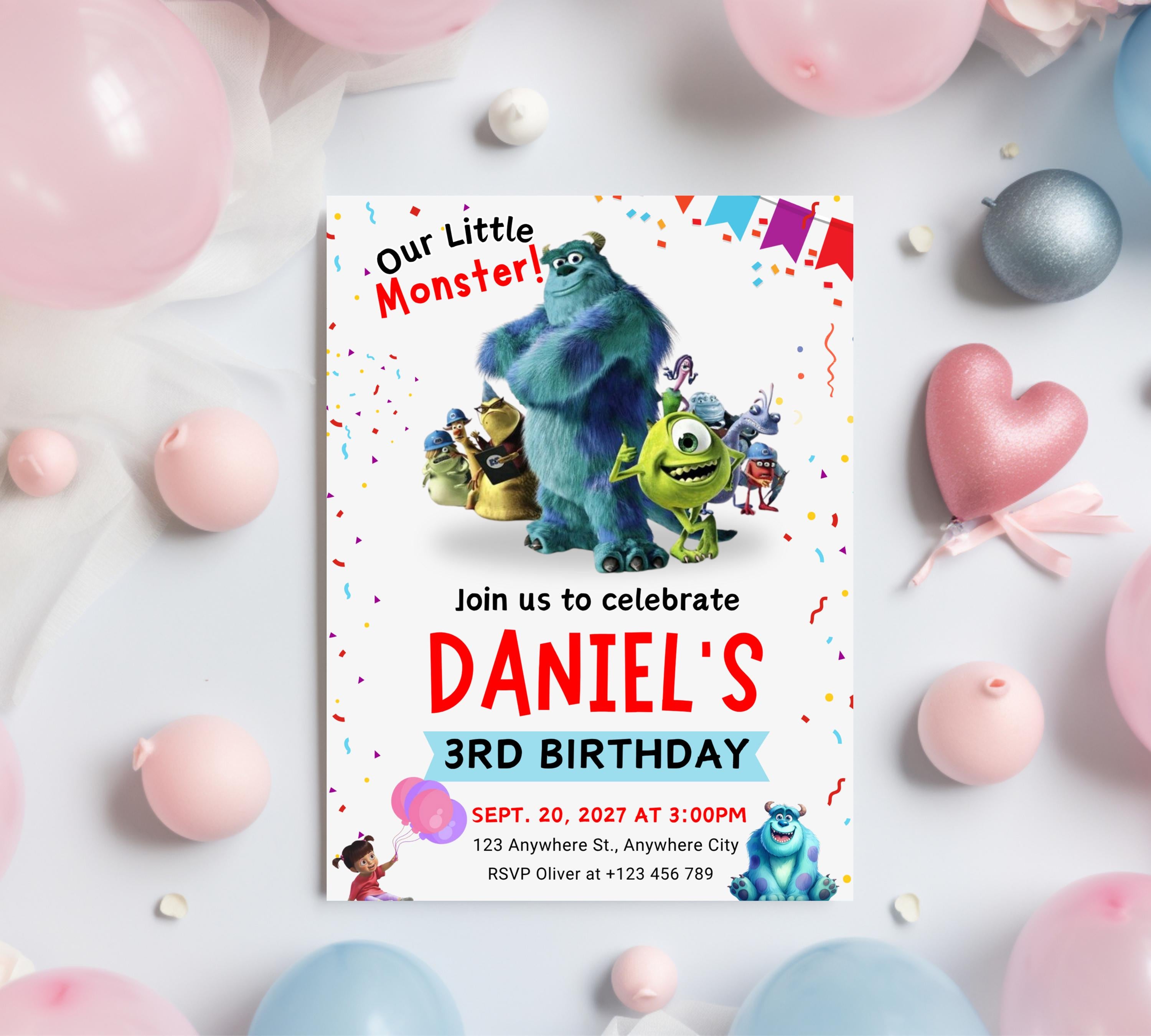 Monster Inc birthday Invitation, Kids Birthday Invite, Printable Monsters University Template, Editable Monsters Inc Boo Birthday Invitation