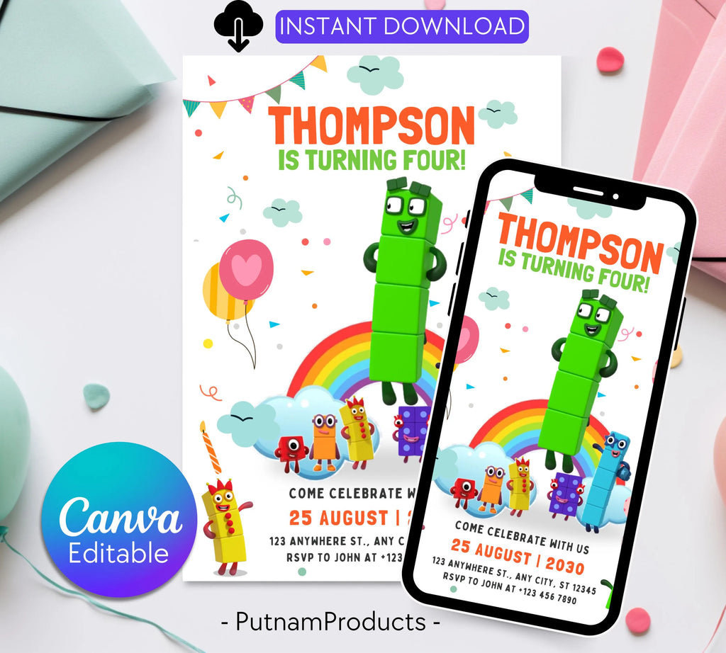 Editable Number blocks Birthday Invitation, Number blocks Birthday Party, Number Blocks Kids Birthday Party, Learn Numbers Kids Bday Party