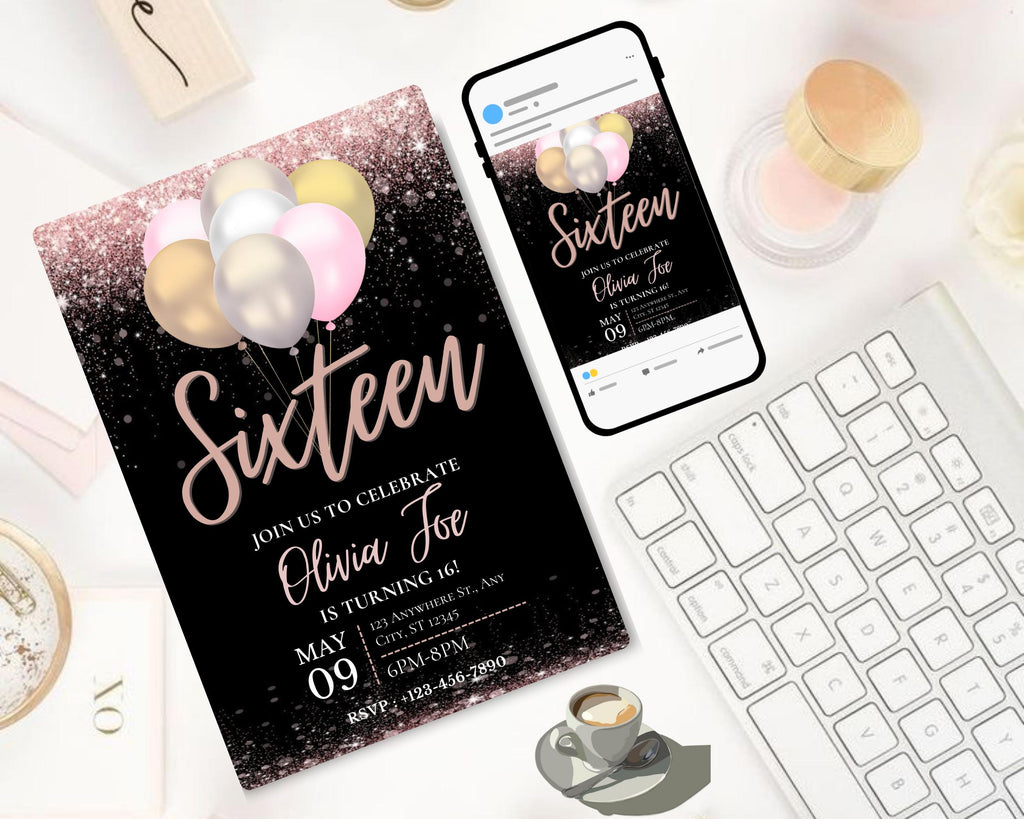 Editable Black Rose Gold Birthday Party Invitation, Rose Gold Balloons, Teenager Birthday Invitation, Editable Template, Instant Download