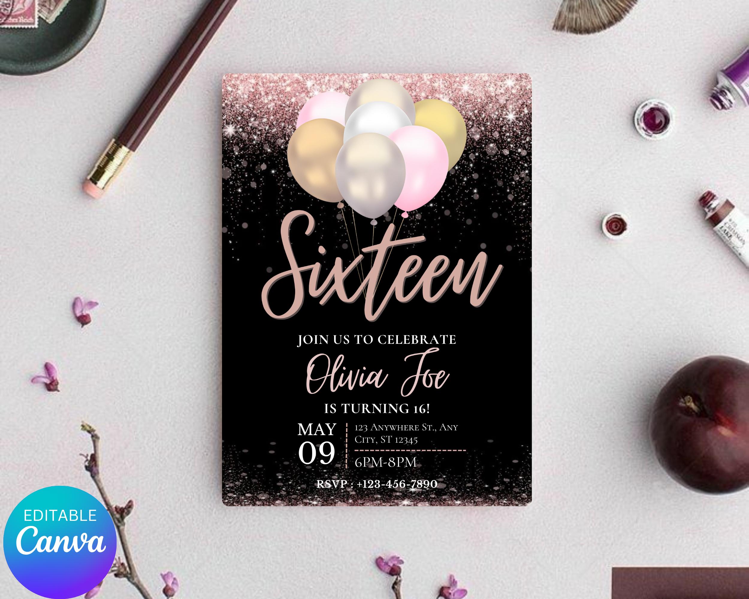 Editable Black Rose Gold Birthday Party Invitation, Rose Gold Balloons, Teenager Birthday Invitation, Editable Template, Instant Download