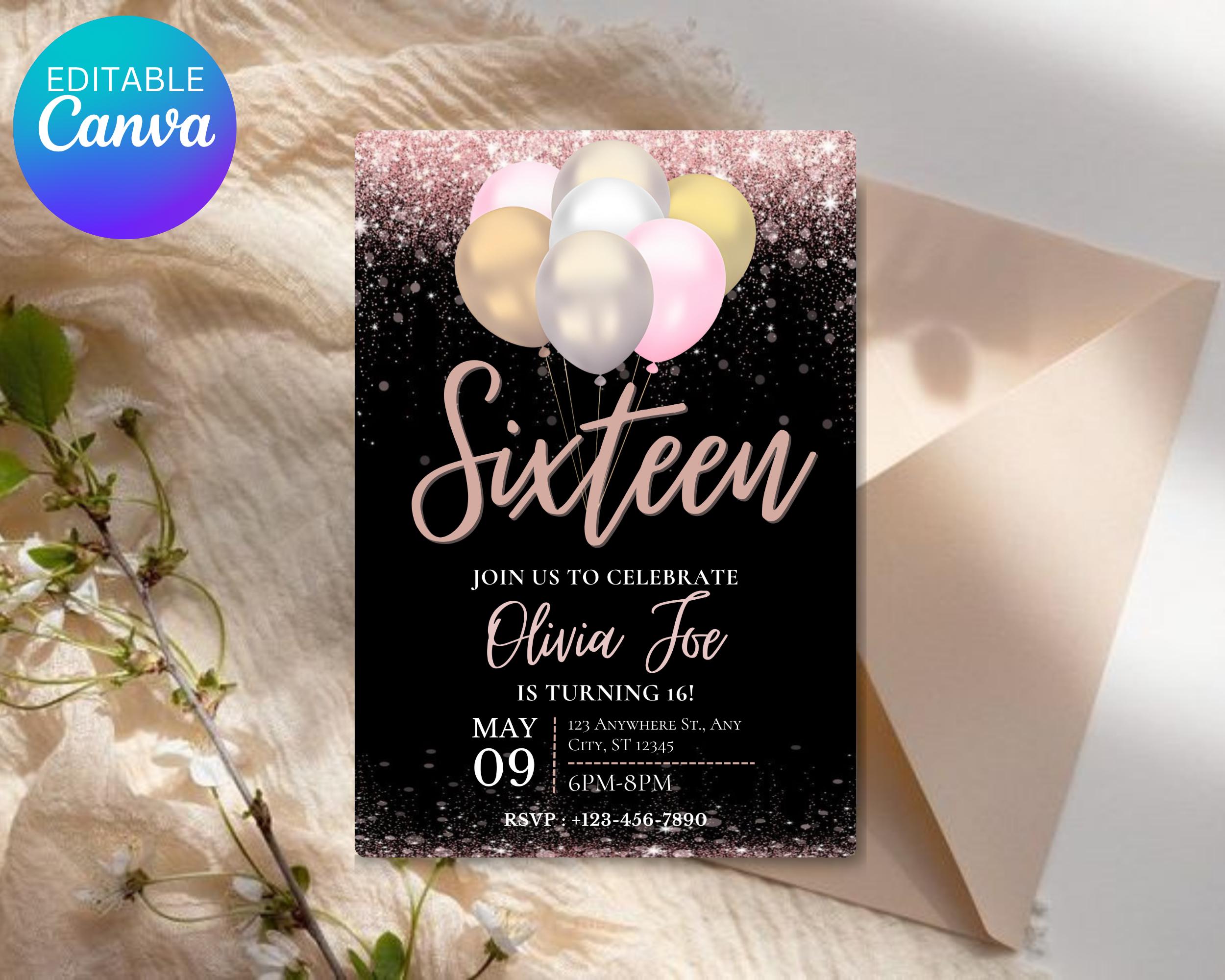 Editable Black Rose Gold Birthday Party Invitation, Rose Gold Balloons, Teenager Birthday Invitation, Editable Template, Instant Download