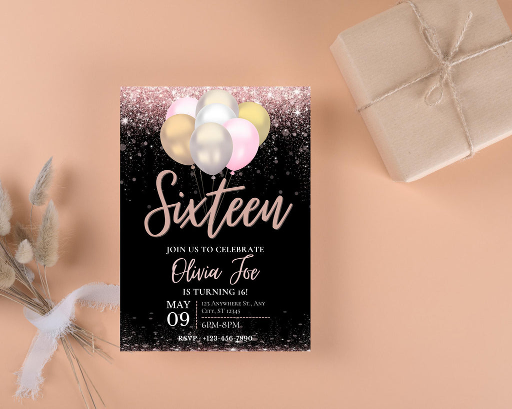 Editable Black Rose Gold Birthday Party Invitation, Rose Gold Balloons, Teenager Birthday Invitation, Editable Template, Instant Download