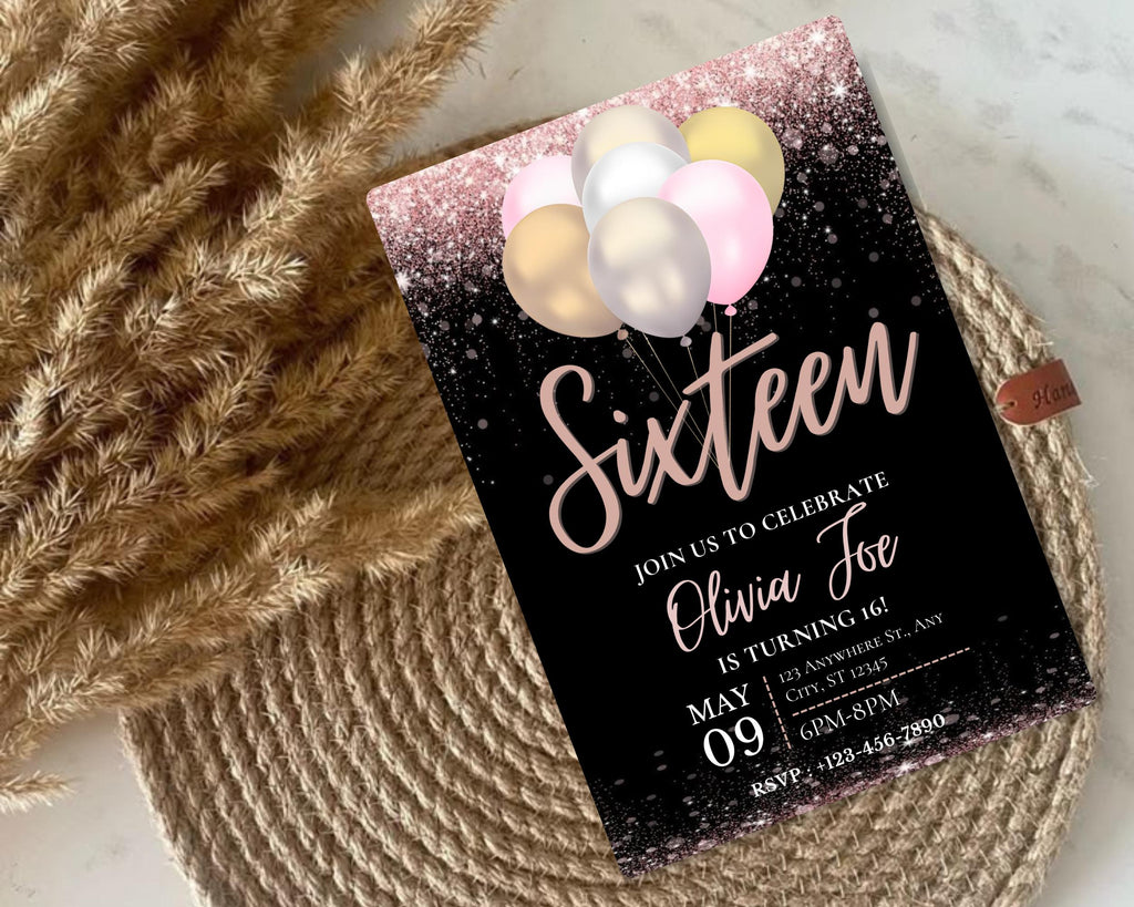 Editable Black Rose Gold Birthday Party Invitation, Rose Gold Balloons, Teenager Birthday Invitation, Editable Template, Instant Download