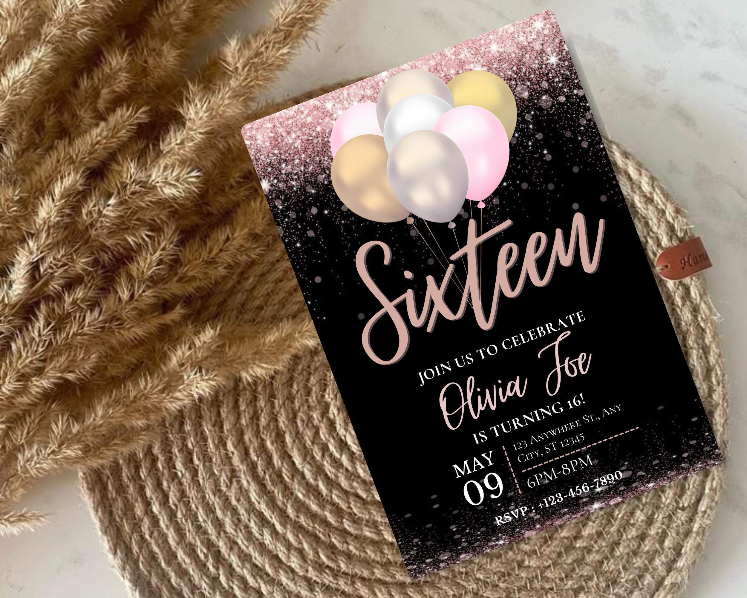 Editable Black Rose Gold Birthday Party Invitation, Rose Gold Balloons, Teenager Birthday Invitation, Editable Template, Instant Download