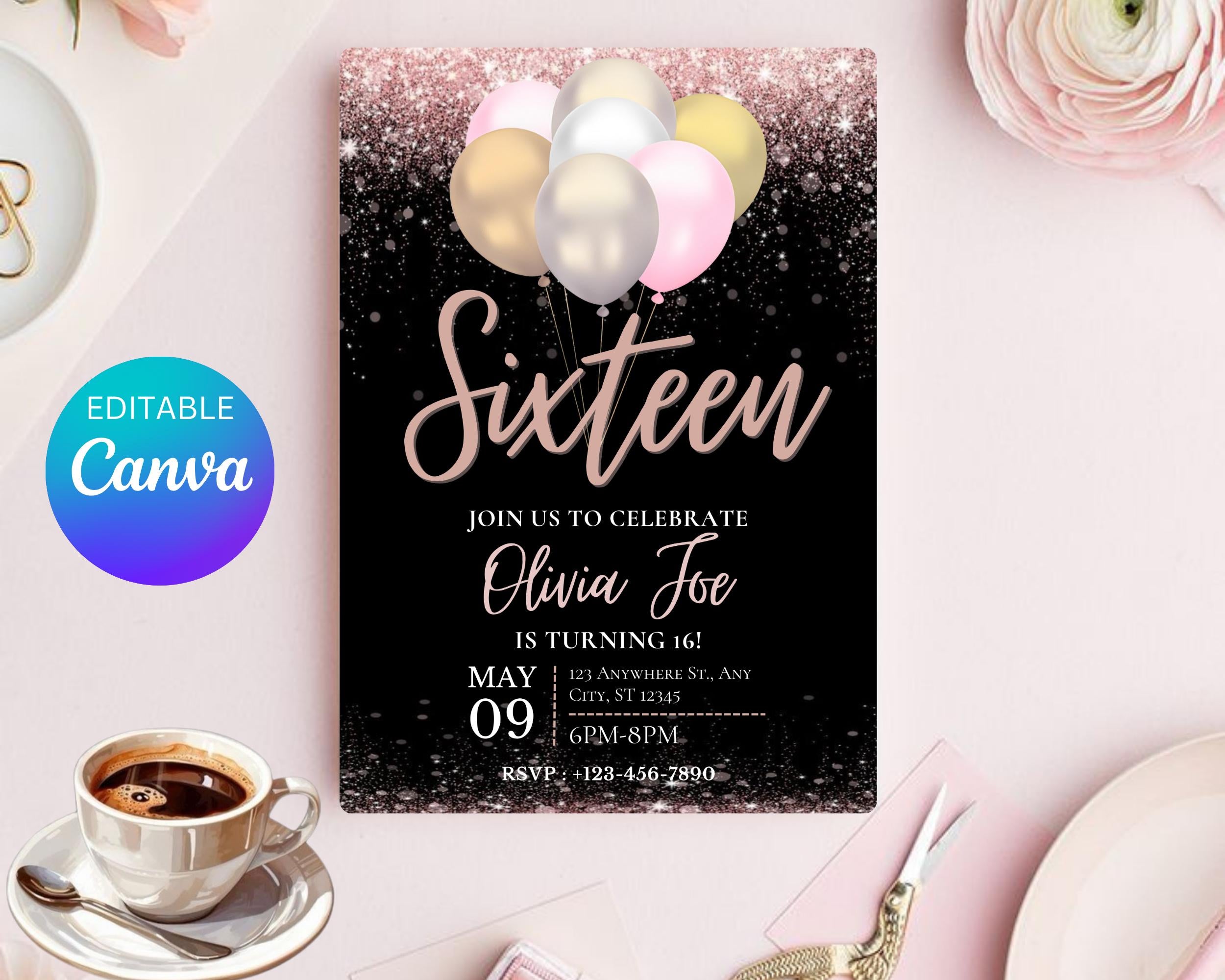 Editable Black Rose Gold Birthday Party Invitation, Rose Gold Balloons, Teenager Birthday Invitation, Editable Template, Instant Download