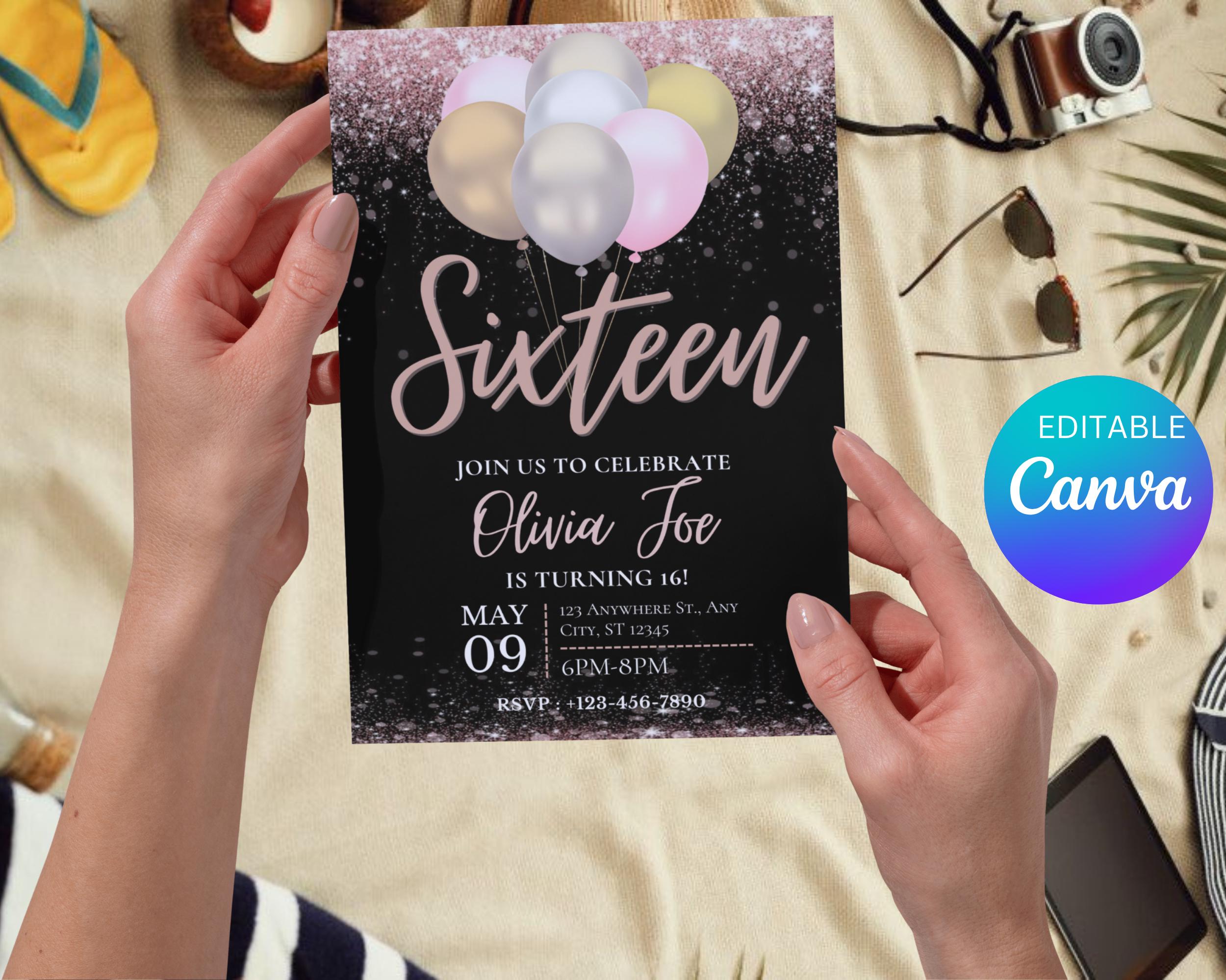 Editable Black Rose Gold Birthday Party Invitation, Rose Gold Balloons, Teenager Birthday Invitation, Editable Template, Instant Download