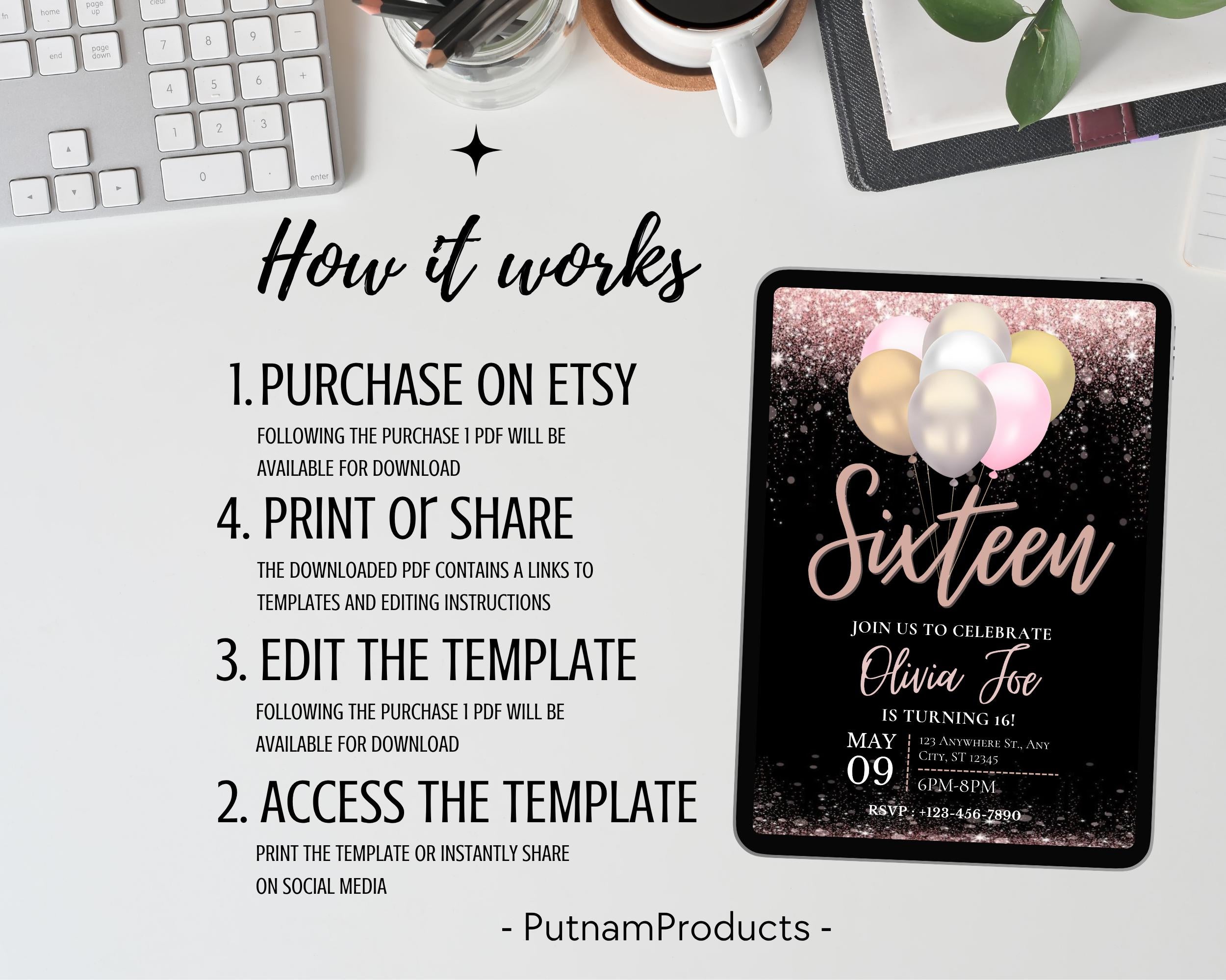 Editable Black Rose Gold Birthday Party Invitation, Rose Gold Balloons, Teenager Birthday Invitation, Editable Template, Instant Download