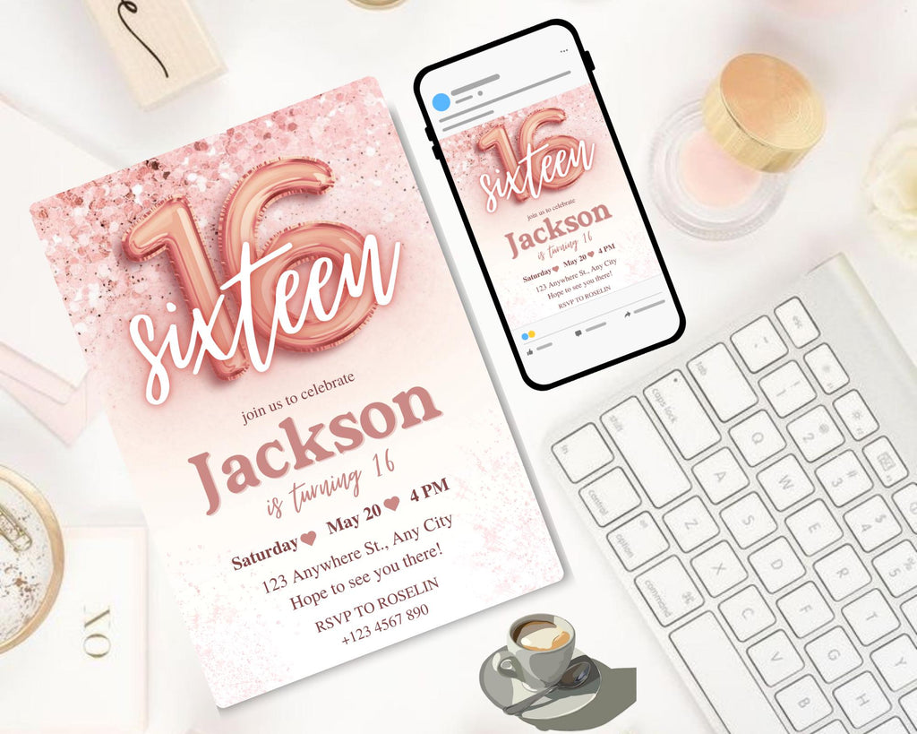 Rose Gold Glitter 16th Birthday Invitation, Editable Birthday Invite for 16 year old Birthday Party, Minimal Sixteenth Bday Invite