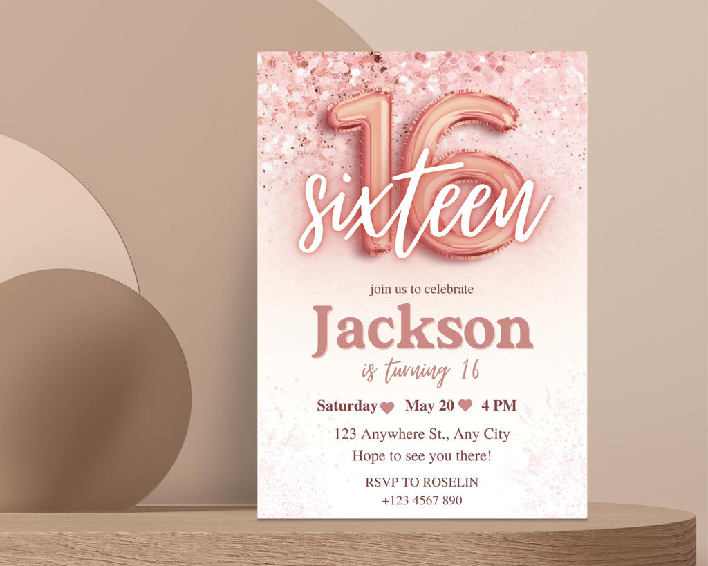 Rose Gold Glitter 16th Birthday Invitation, Editable Birthday Invite for 16 year old Birthday Party, Minimal Sixteenth Bday Invite