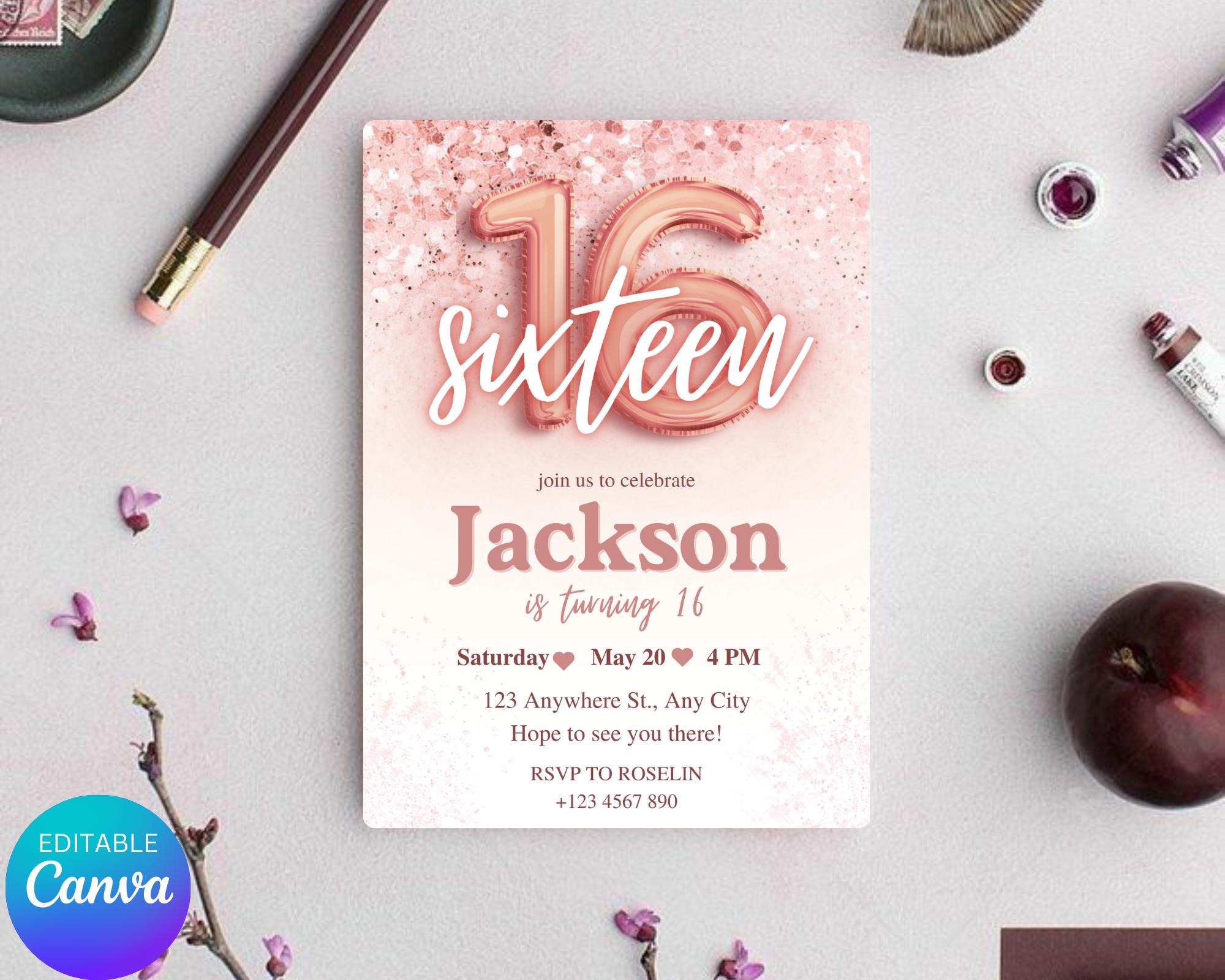Rose Gold Glitter 16th Birthday Invitation, Editable Birthday Invite for 16 year old Birthday Party, Minimal Sixteenth Bday Invite