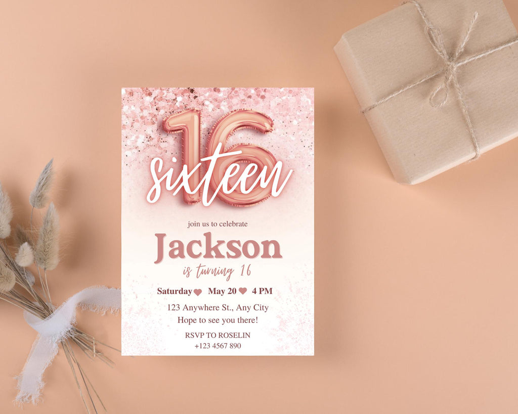 Rose Gold Glitter 16th Birthday Invitation, Editable Birthday Invite for 16 year old Birthday Party, Minimal Sixteenth Bday Invite