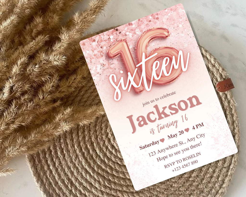 Rose Gold Glitter 16th Birthday Invitation, Editable Birthday Invite for 16 year old Birthday Party, Minimal Sixteenth Bday Invite