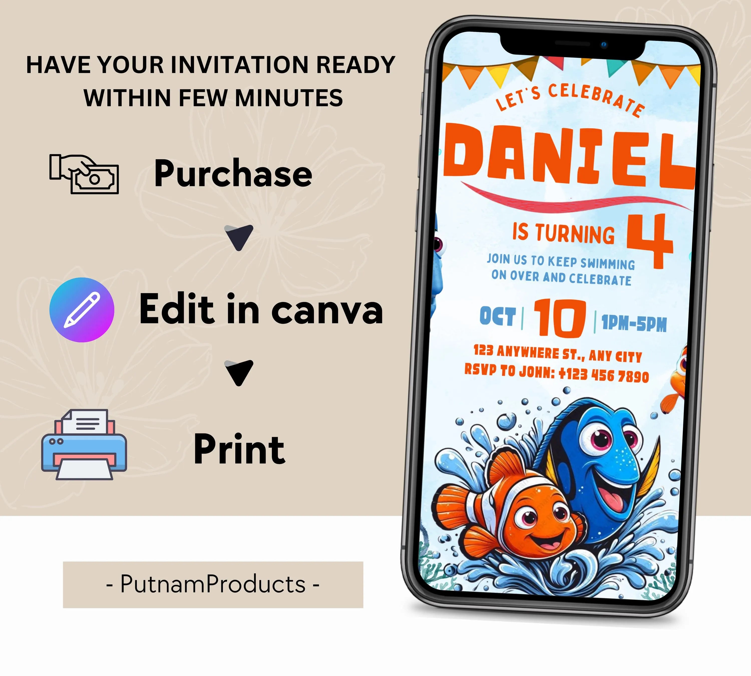 Editable Finding Nemo Birthday Invitation, Finding Dory Birthday Printable Invitation, Nemo Birthday Invite, Boy or Girl Birthday Invite
