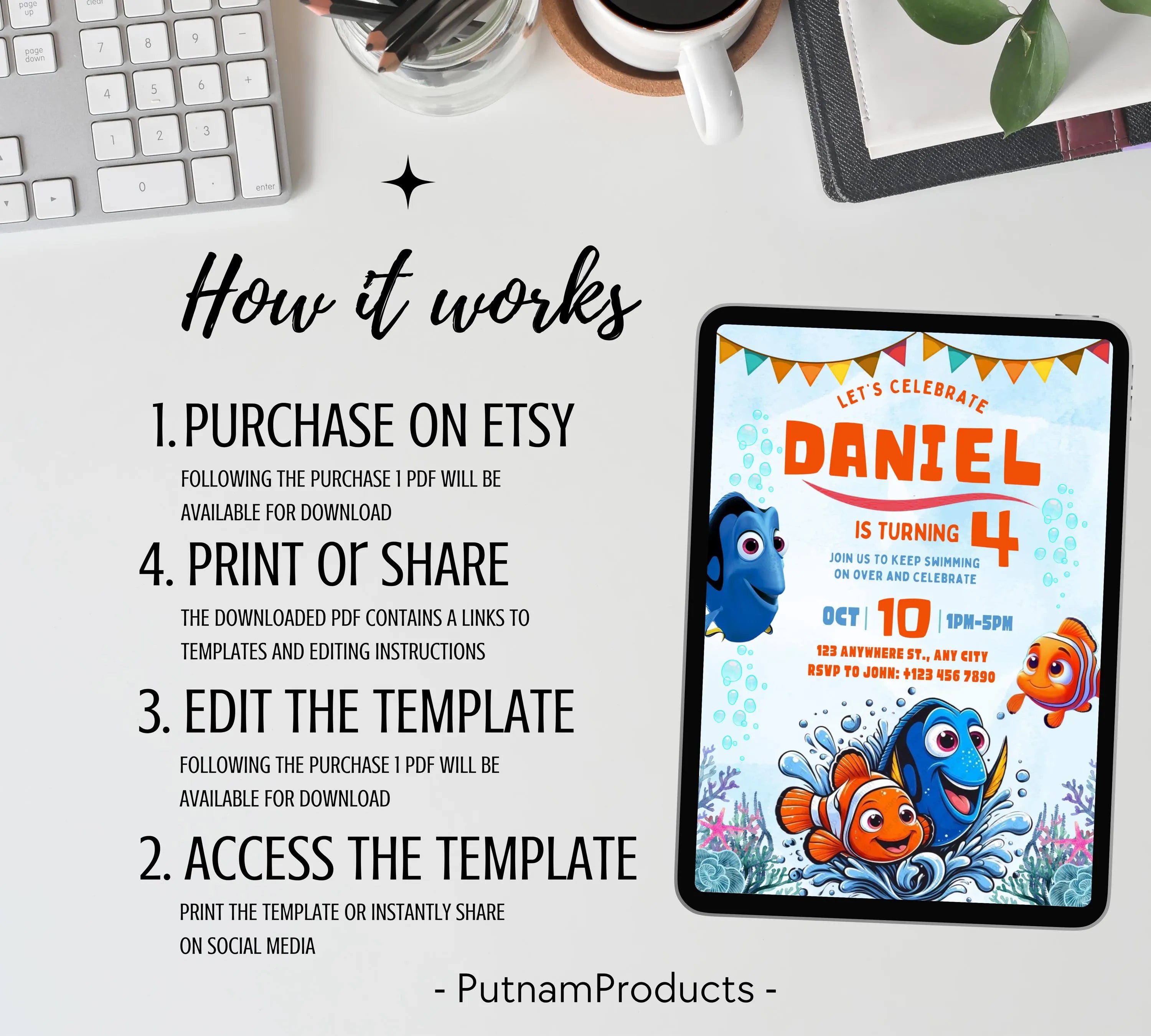 Editable Finding Nemo Birthday Invitation, Finding Dory Birthday Printable Invitation, Nemo Birthday Invite, Boy or Girl Birthday Invite