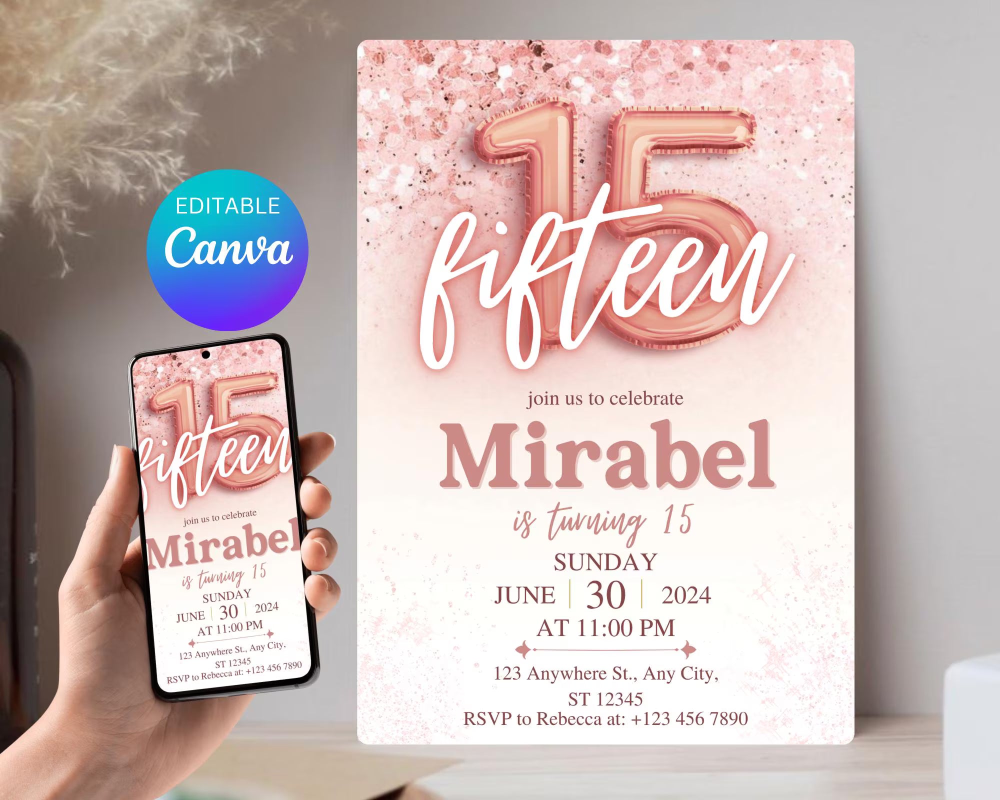 Rose Gold Glitter 15th Birthday Invitation, Editable Birthday Invite for 15 year old Birthday Party, Minimal Fifteenth Bday Invite