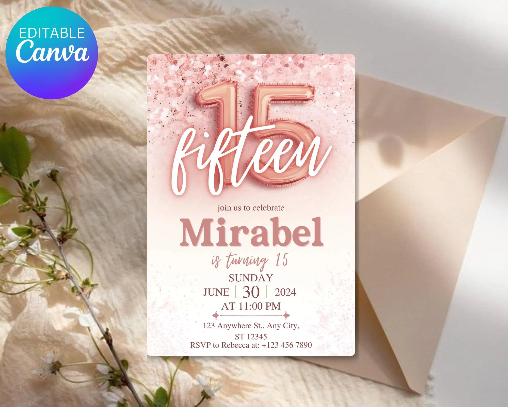 Rose Gold Glitter 15th Birthday Invitation, Editable Birthday Invite for 15 year old Birthday Party, Minimal Fifteenth Bday Invite
