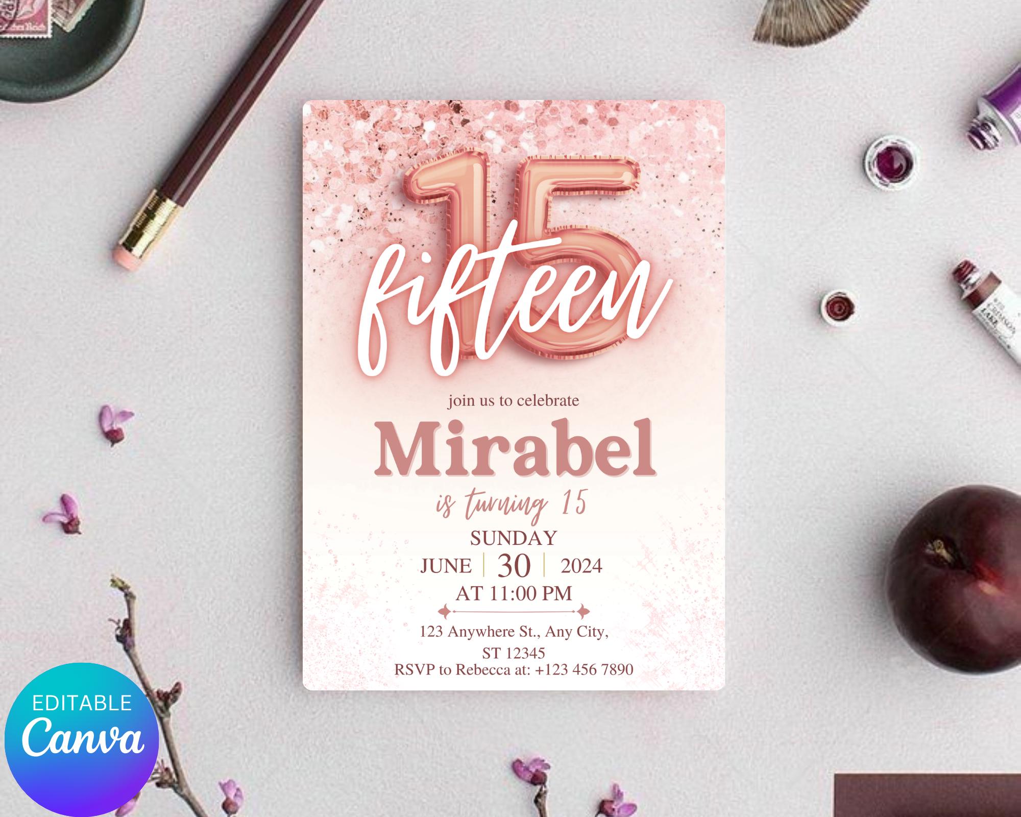 Rose Gold Glitter 15th Birthday Invitation, Editable Birthday Invite for 15 year old Birthday Party, Minimal Fifteenth Bday Invite