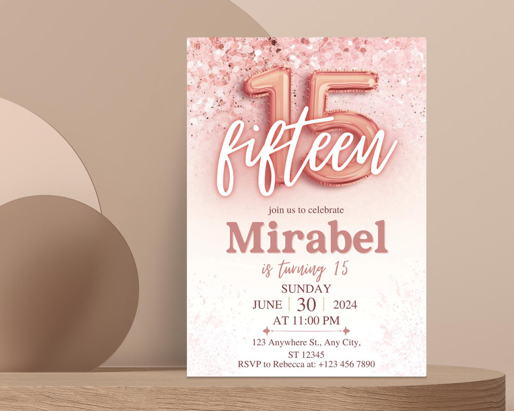 Rose Gold Glitter 15th Birthday Invitation, Editable Birthday Invite for 15 year old Birthday Party, Minimal Fifteenth Bday Invite