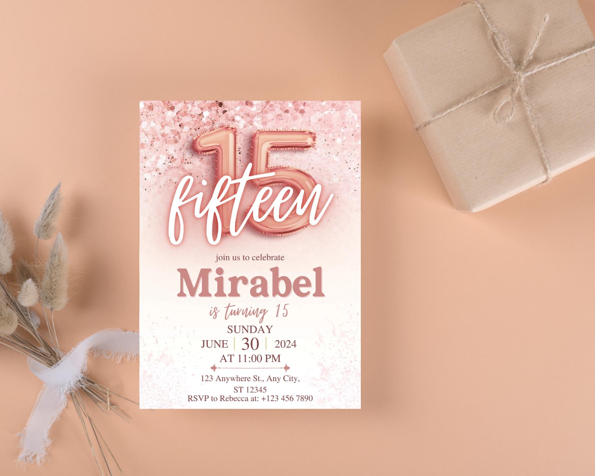 Rose Gold Glitter 15th Birthday Invitation, Editable Birthday Invite for 15 year old Birthday Party, Minimal Fifteenth Bday Invite