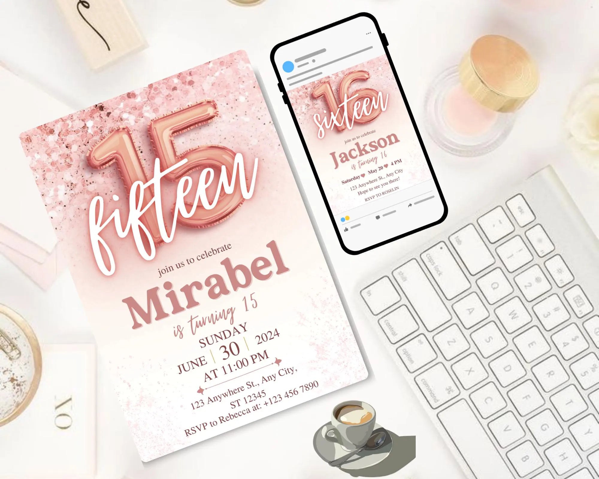 Rose Gold Glitter 15th Birthday Invitation, Editable Birthday Invite for 15 year old Birthday Party, Minimal Fifteenth Bday Invite