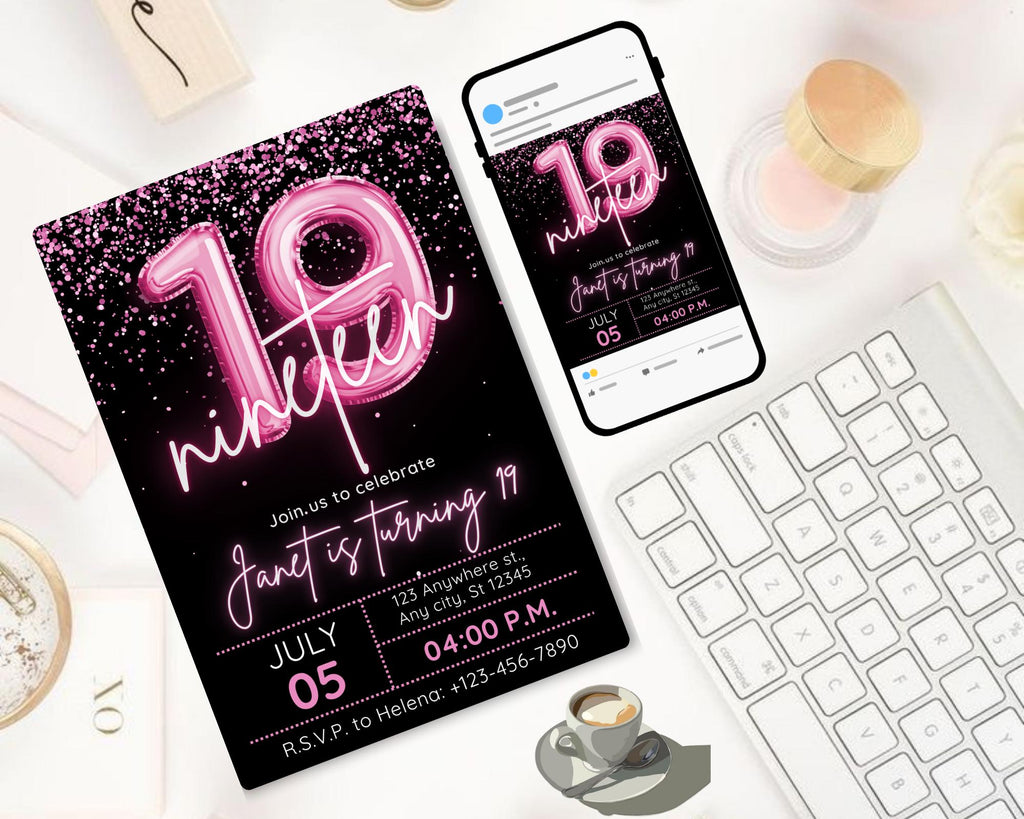 Editable Pink Balloon 19th Birthday Invitation Template for Girls, Printable Pink Confetti Girls Invites, Teenager Birthday Party Invitation