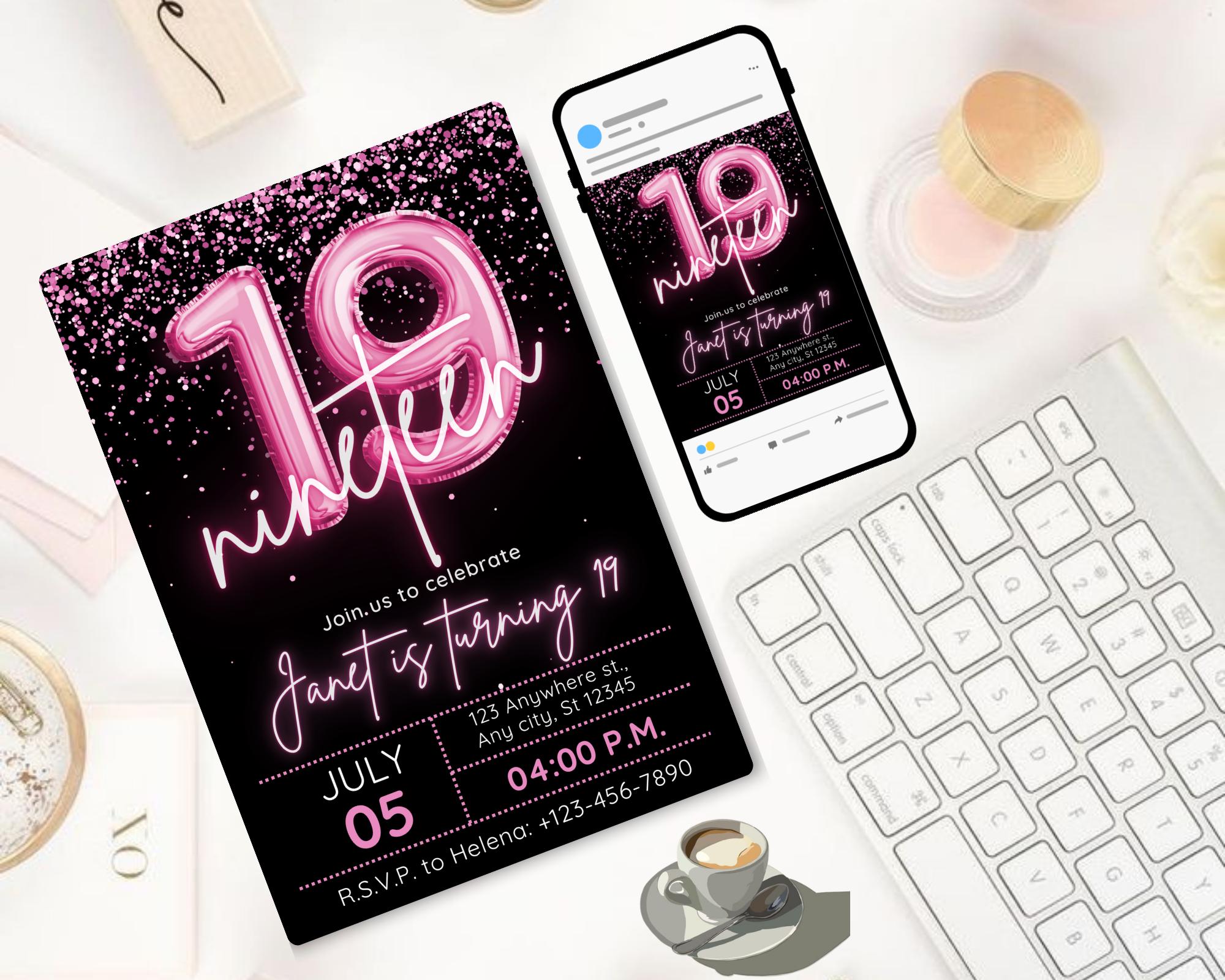 Editable Pink Balloon 19th Birthday Invitation Template for Girls, Printable Pink Confetti Girls Invites, Teenager Birthday Party Invitation