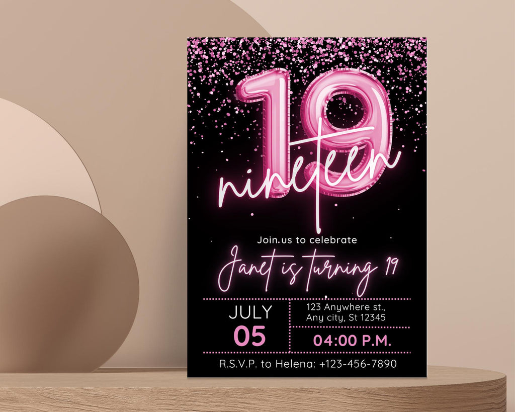 Editable Pink Balloon 19th Birthday Invitation Template for Girls, Printable Pink Confetti Girls Invites, Teenager Birthday Party Invitation