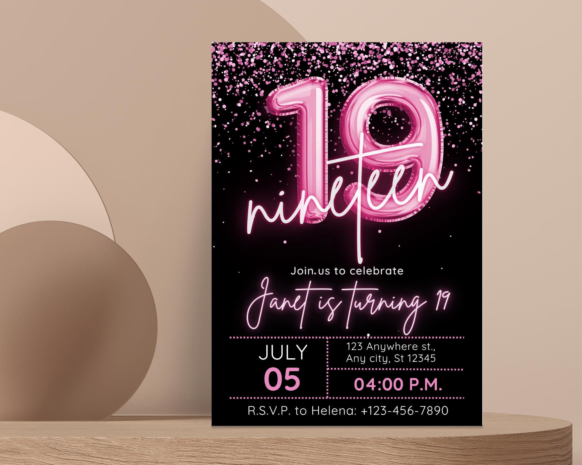 Editable Pink Balloon 19th Birthday Invitation Template for Girls, Printable Pink Confetti Girls Invites, Teenager Birthday Party Invitation