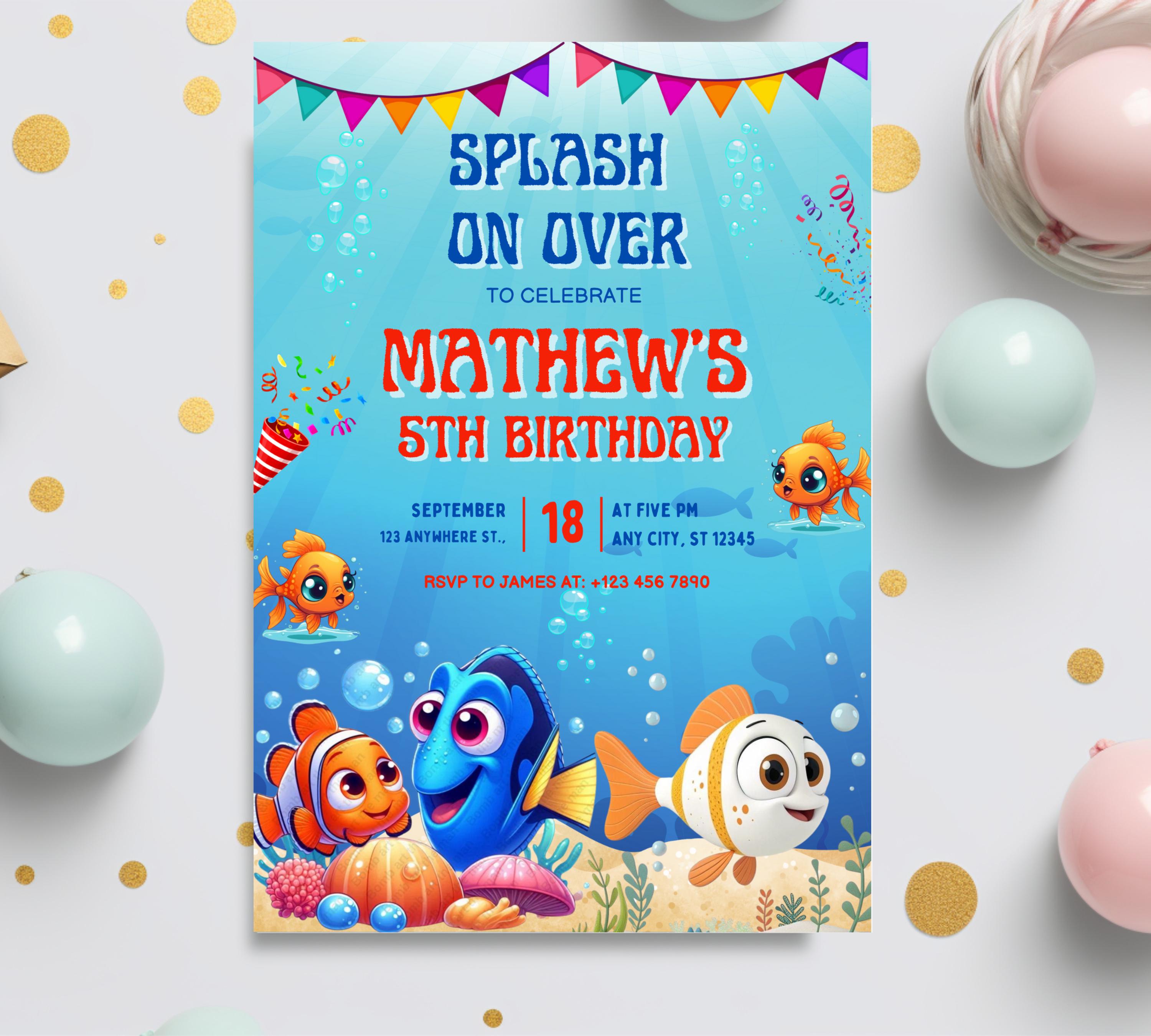 Finding Nemo Birthday Invitation, Nemo Kids Birthday Invite, Dory Birthday Invitation, Nemo Kids Party Invite, Under the Sea Birthday Invite