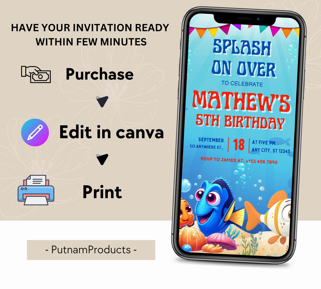 Finding Nemo Birthday Invitation, Nemo Kids Birthday Invite, Dory Birthday Invitation, Nemo Kids Party Invite, Under the Sea Birthday Invite