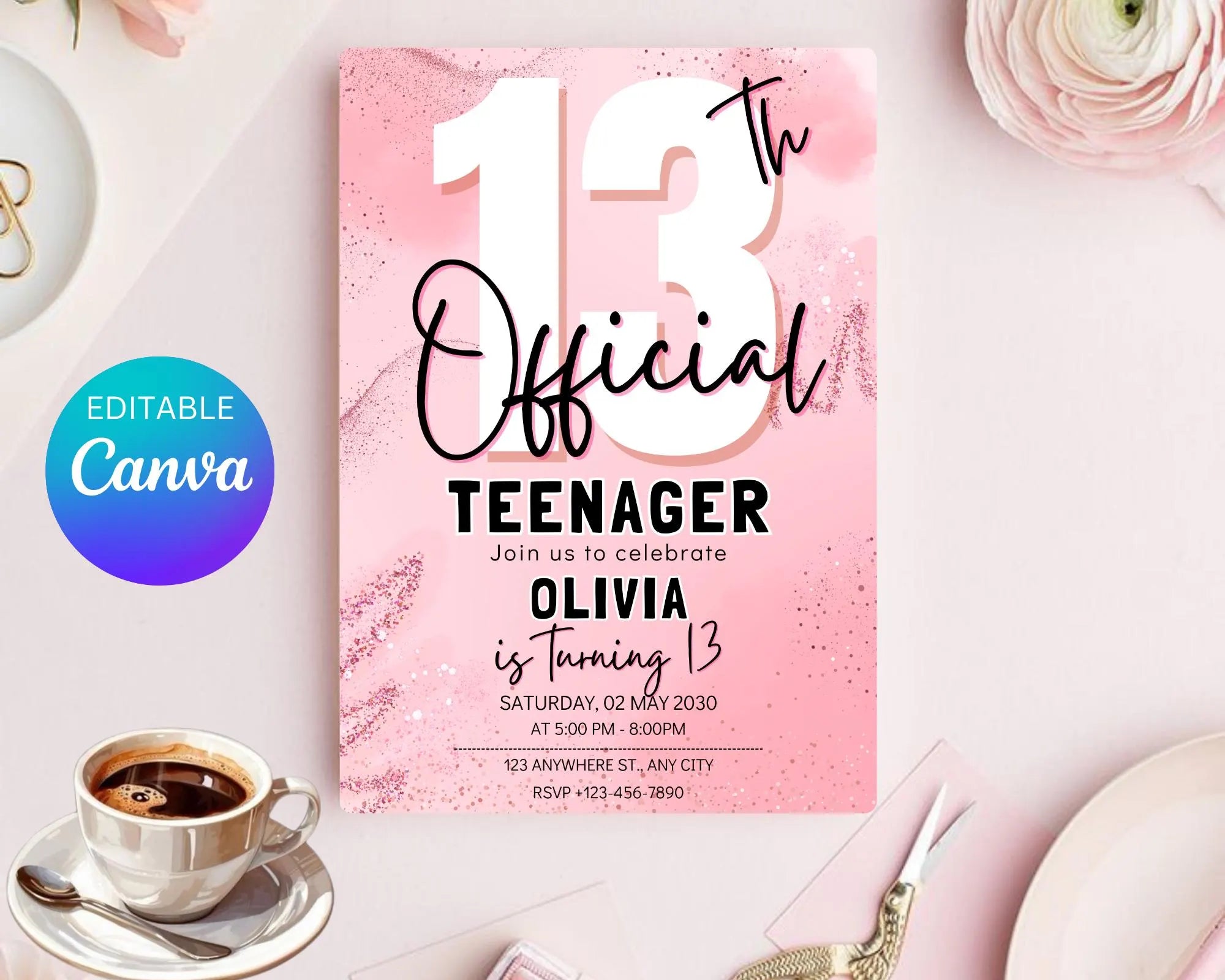 Editable 13th Birthday Invitation, Finally a Teenager, Pink and Black Invitation, Girl Invite, 13th Party Invitations, Instant Download