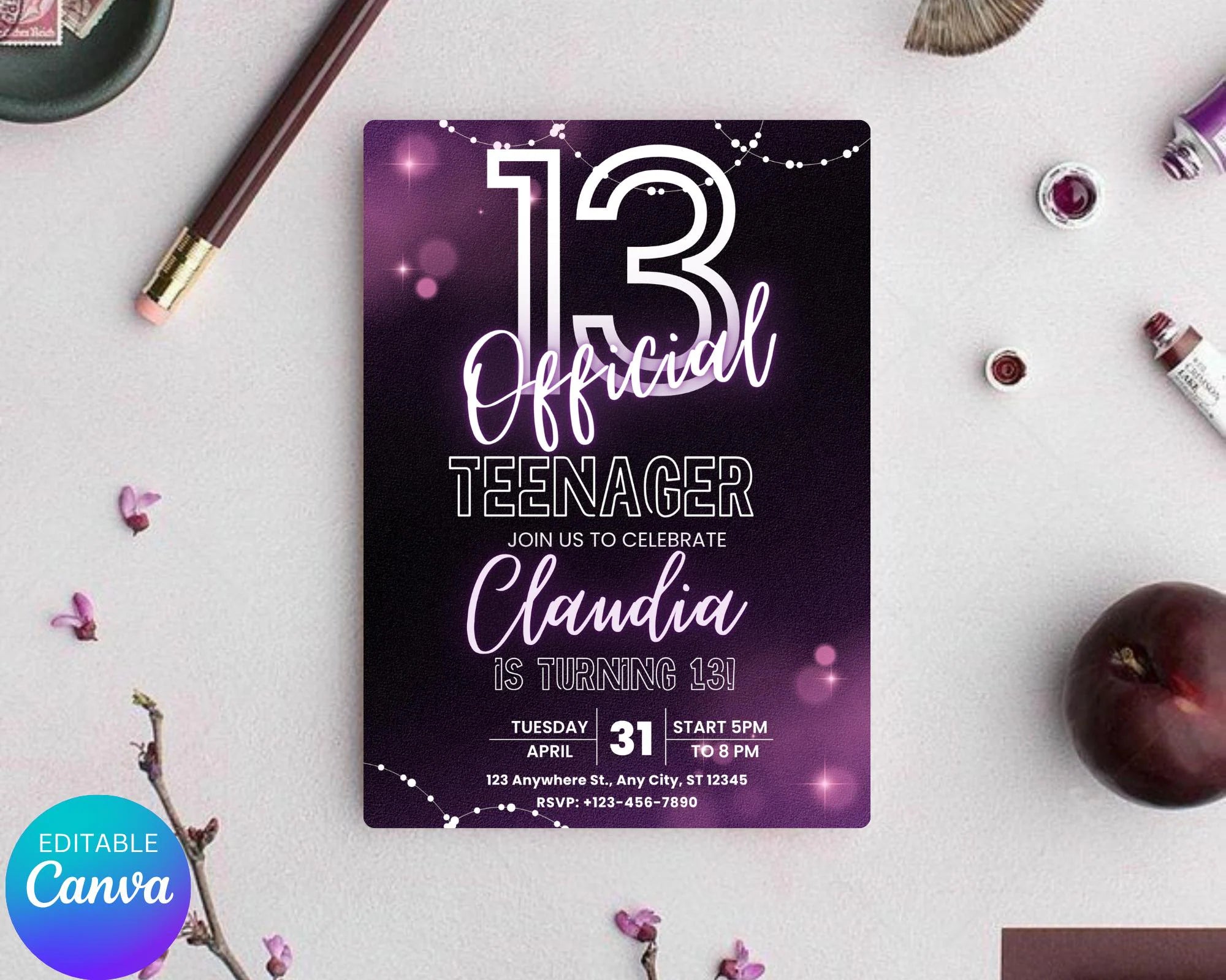 Neon Glow 13th Birthday Invitation, EDITABLE Official Teenager Party Invite, Girl and Boy Birthday Template, Instant Download Template