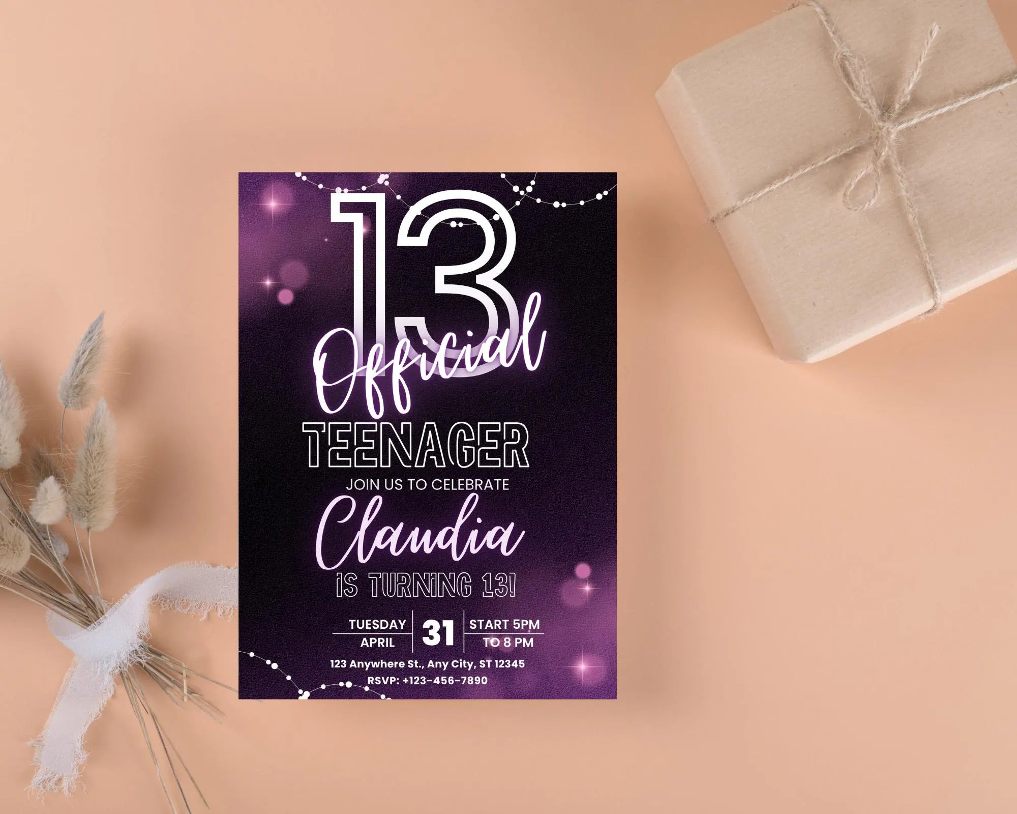 Neon Glow 13th Birthday Invitation, EDITABLE Official Teenager Party Invite, Girl and Boy Birthday Template, Instant Download Template