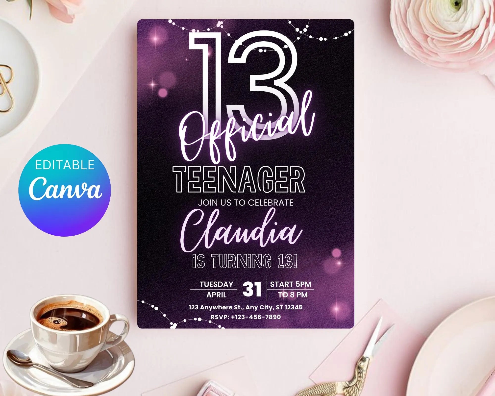 Neon Glow 13th Birthday Invitation, EDITABLE Official Teenager Party Invite, Girl and Boy Birthday Template, Instant Download Template