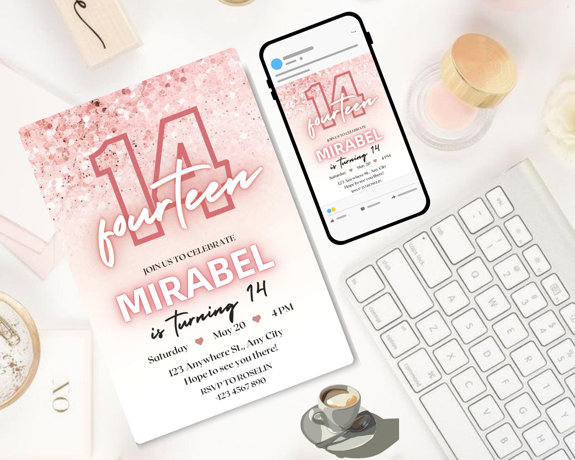 Editable Rose Gold Teen Birthday Invitation, Pink Glitter Confetti Party Invite, Printable Glitter Teen Birthday Invite, Instant Download