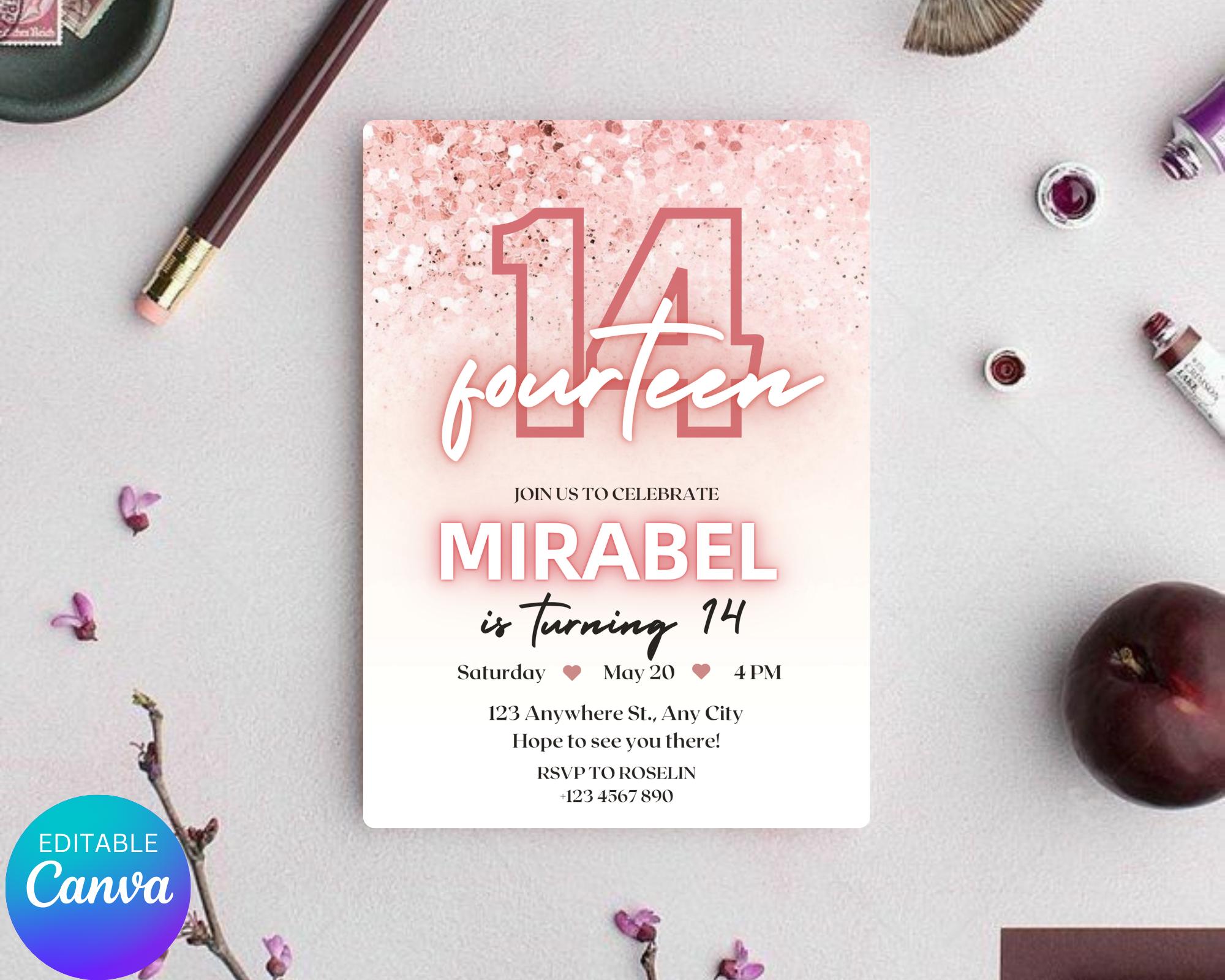Editable Rose Gold Teen Birthday Invitation, Pink Glitter Confetti Party Invite, Printable Glitter Teen Birthday Invite, Instant Download