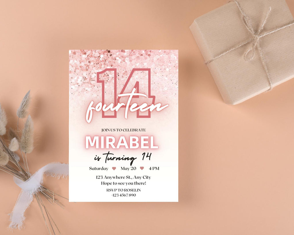 Editable Rose Gold Teen Birthday Invitation, Pink Glitter Confetti Party Invite, Printable Glitter Teen Birthday Invite, Instant Download