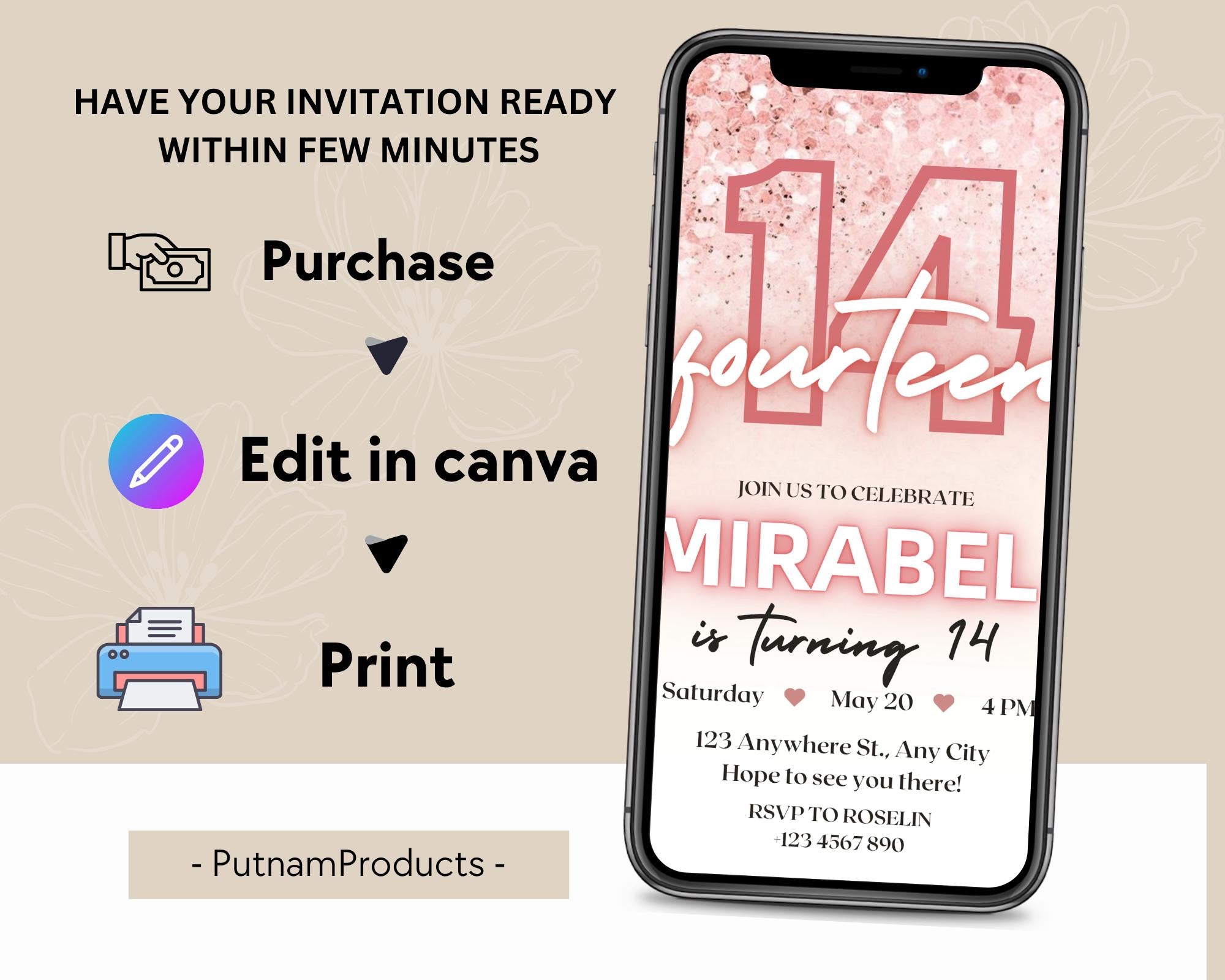 Editable Rose Gold Teen Birthday Invitation, Pink Glitter Confetti Party Invite, Printable Glitter Teen Birthday Invite, Instant Download