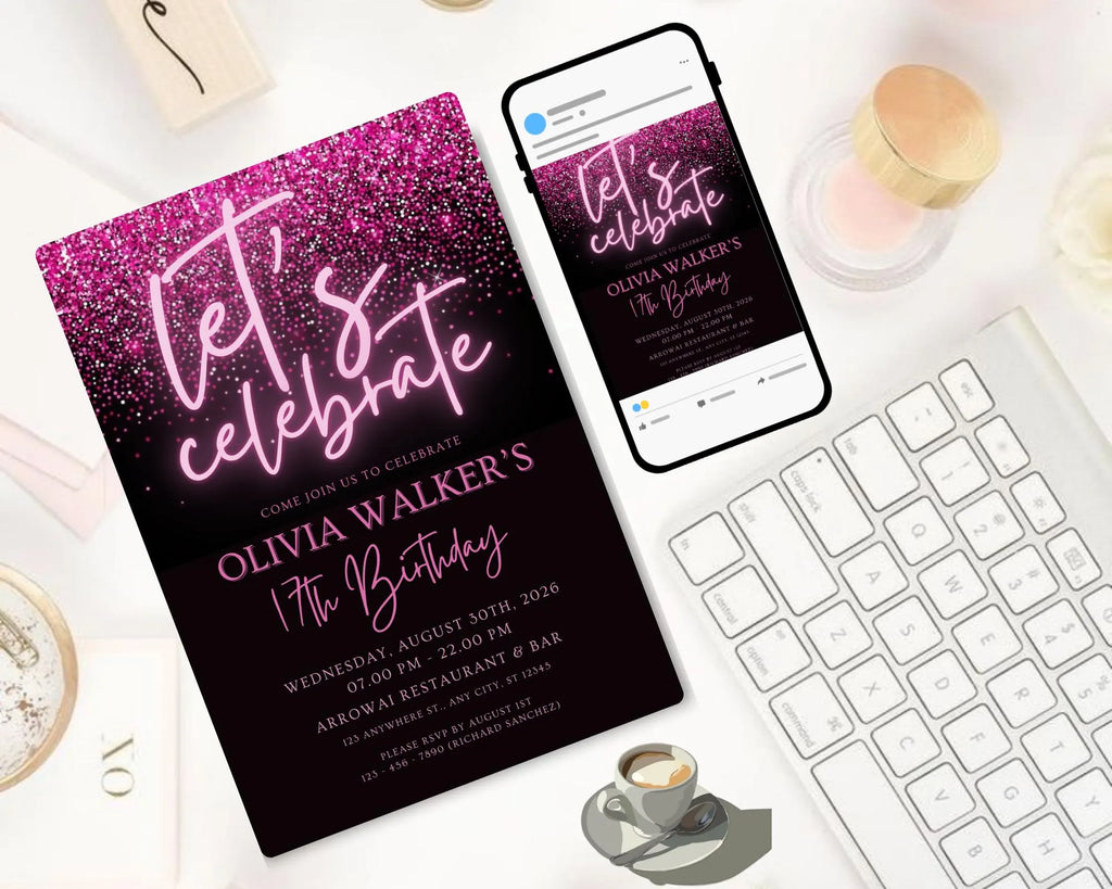 Black and Pink Glittering Birthday Invitation, Let's Party Birthday Invite, Black Pink Glitter Teenager Birthday Invite, Instant Download