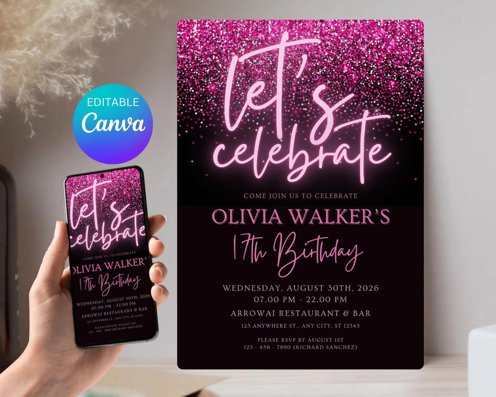 Black and Pink Glittering Birthday Invitation, Let's Party Birthday Invite, Black Pink Glitter Teenager Birthday Invite, Instant Download