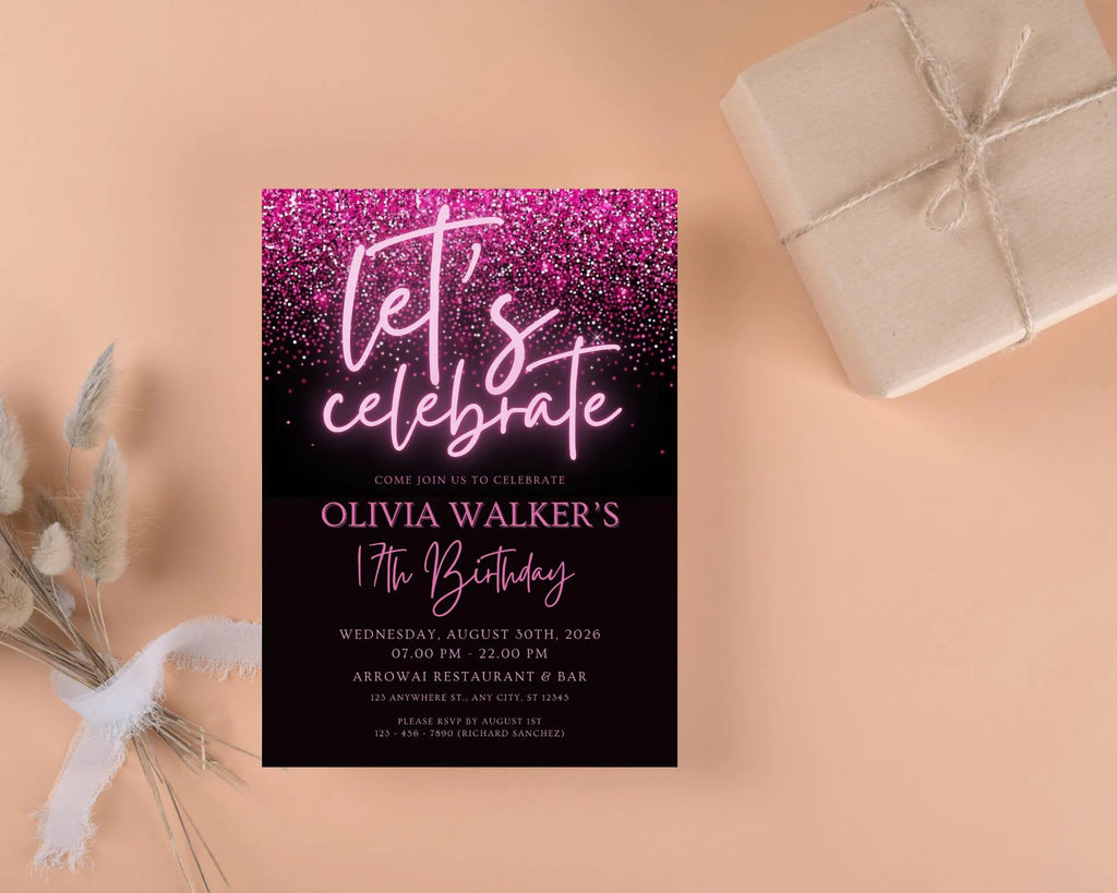 Black and Pink Glittering Birthday Invitation, Let's Party Birthday Invite, Black Pink Glitter Teenager Birthday Invite, Instant Download