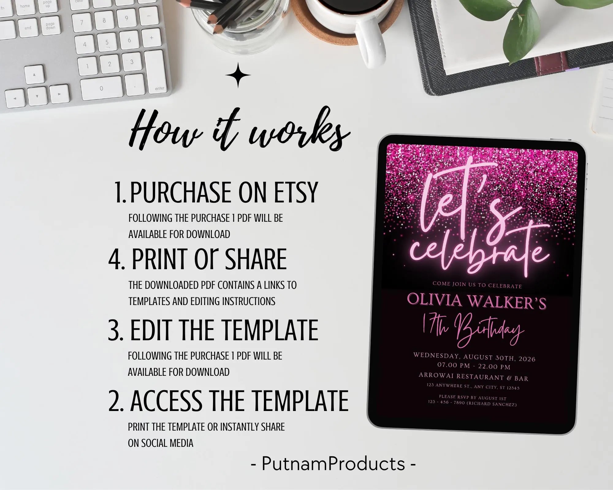 Black and Pink Glittering Birthday Invitation, Let's Party Birthday Invite, Black Pink Glitter Teenager Birthday Invite, Instant Download