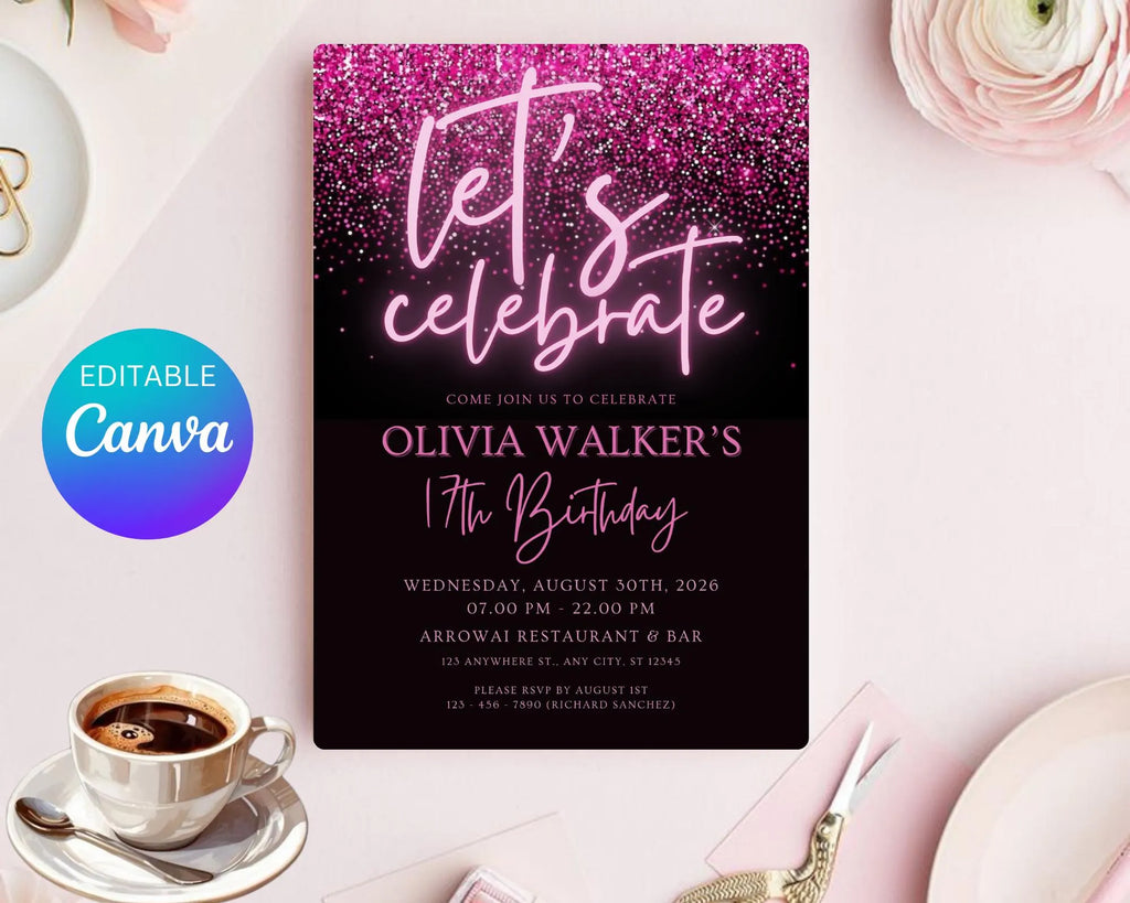 Black and Pink Glittering Birthday Invitation, Let's Party Birthday Invite, Black Pink Glitter Teenager Birthday Invite, Instant Download